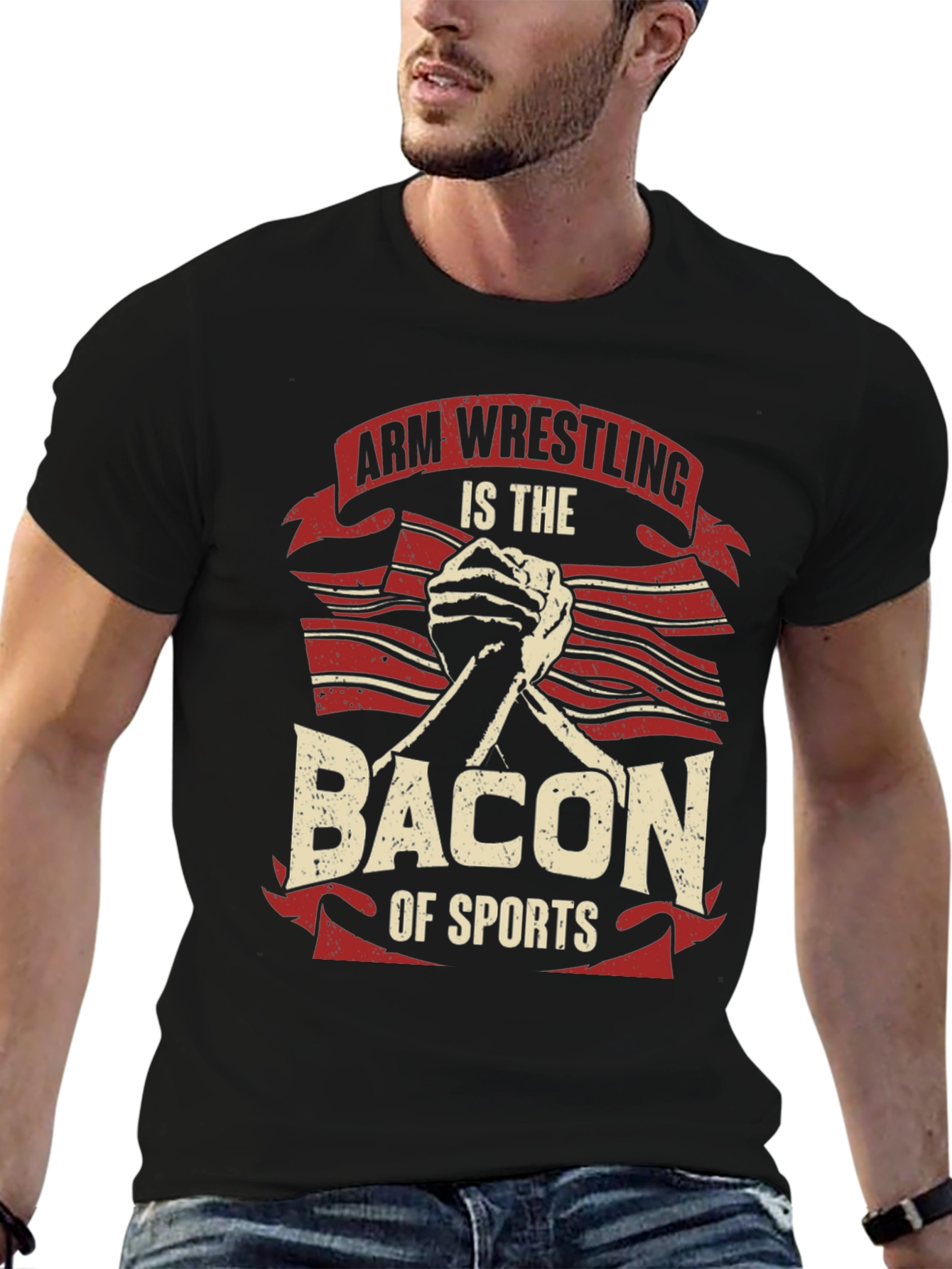 Black Arm Wrestling Bacon of Sports T-Shirt view 6