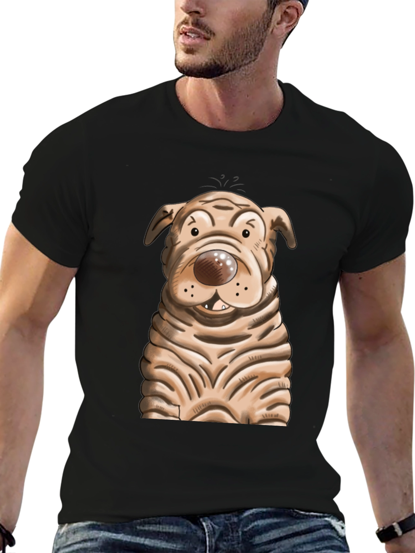Black Cartoon Dog Graphic T-Shirt - Unisex Crew Neck view 6