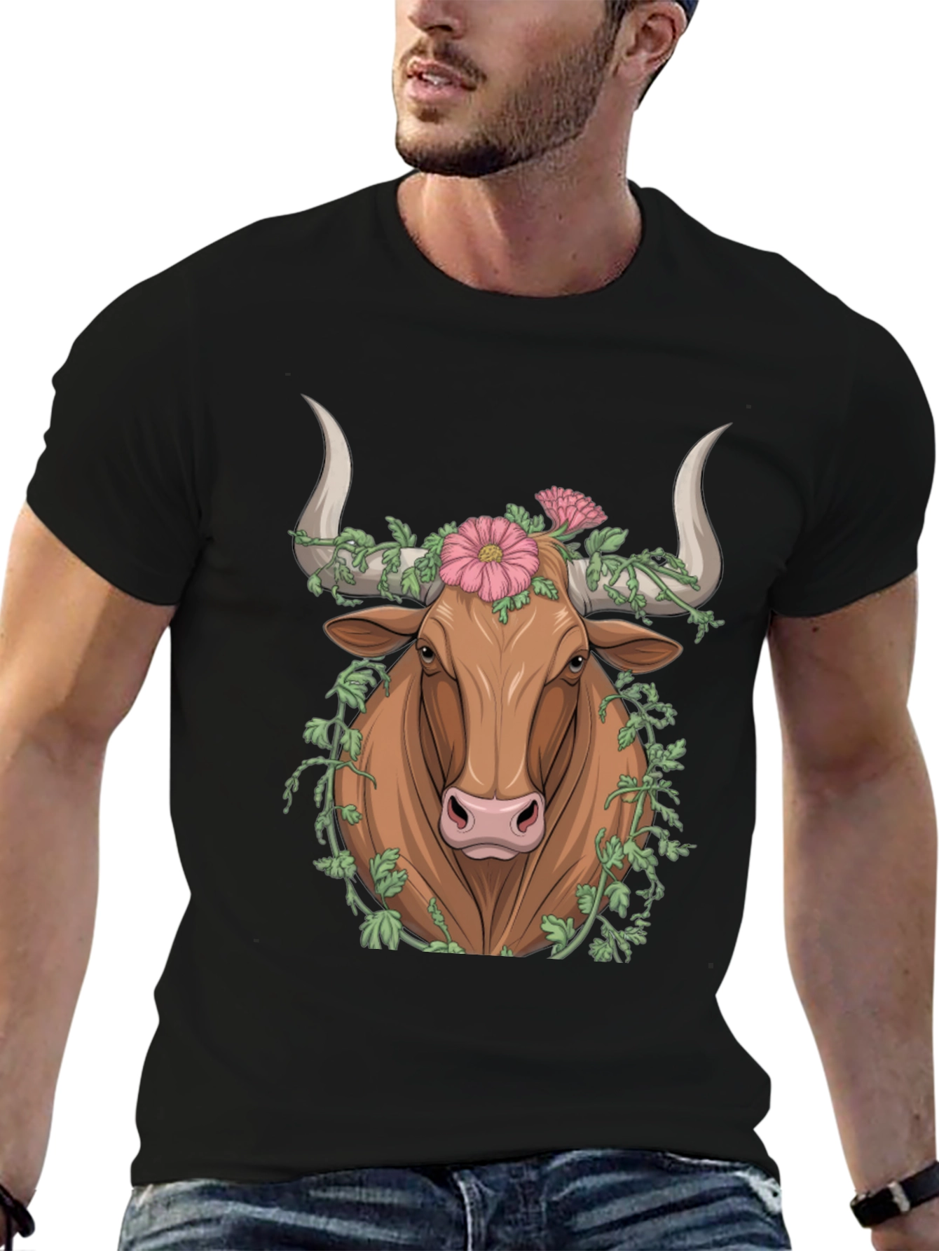 Black Floral Bull Graphic Tee - Unique Animal Print view 6