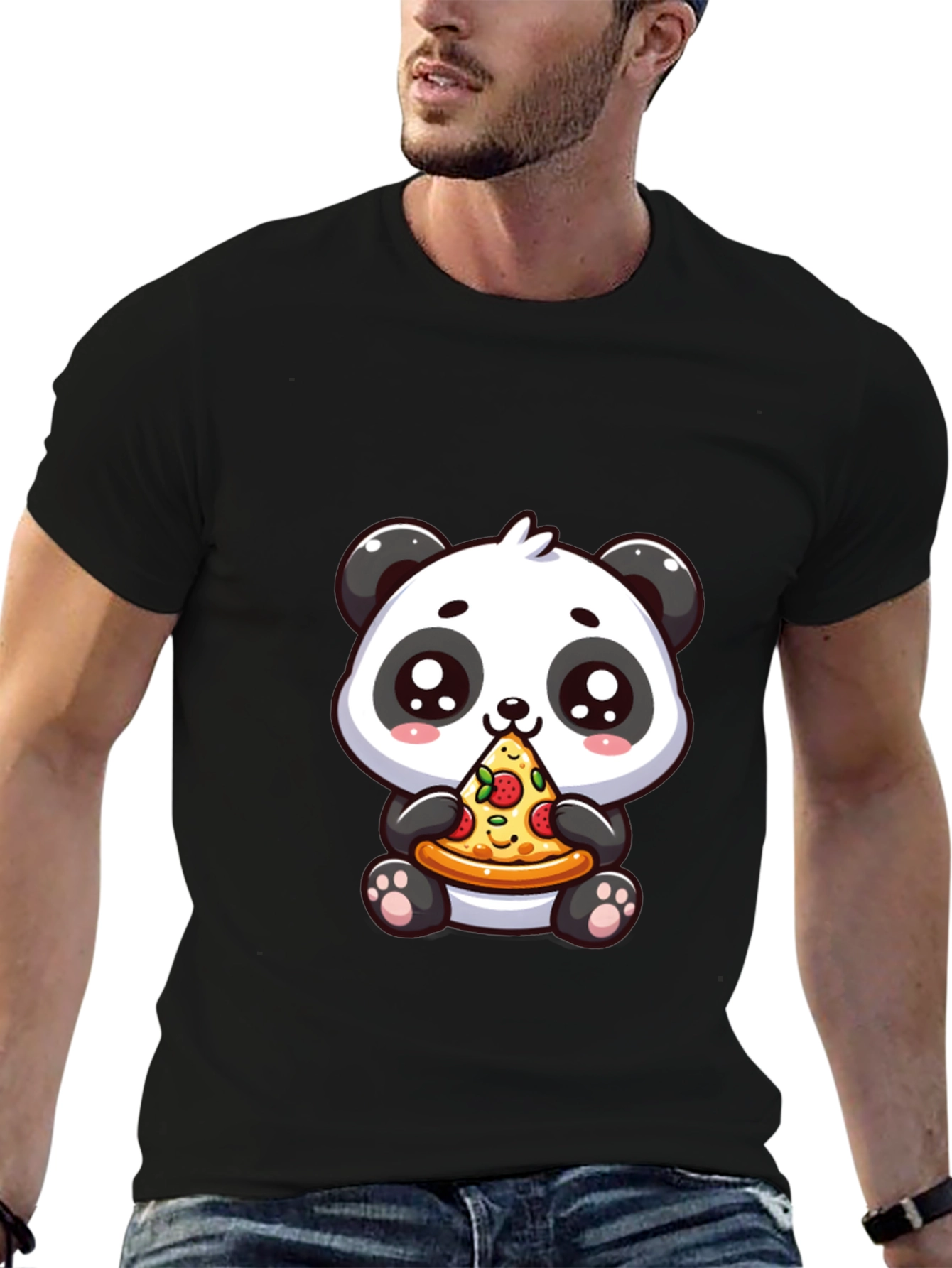 Black Cute Panda Pizza Graphic Black T-Shirt view 6