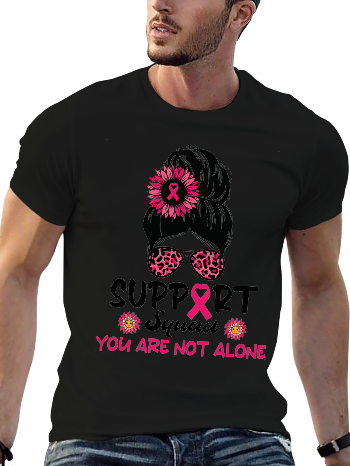 Black Breast Cancer Awareness Messy Bun Support Squad Tee view 6
