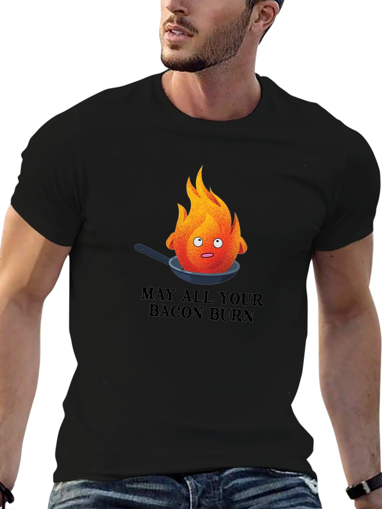Black May All Your Bacon Burn T-Shirt - Funny Fire Pan Graphic Tee view 6