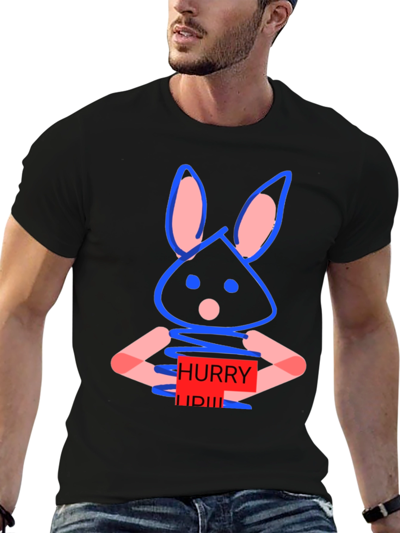 Black Whimsical Bunny Graphic Tee - Hurry Up! Design view 6