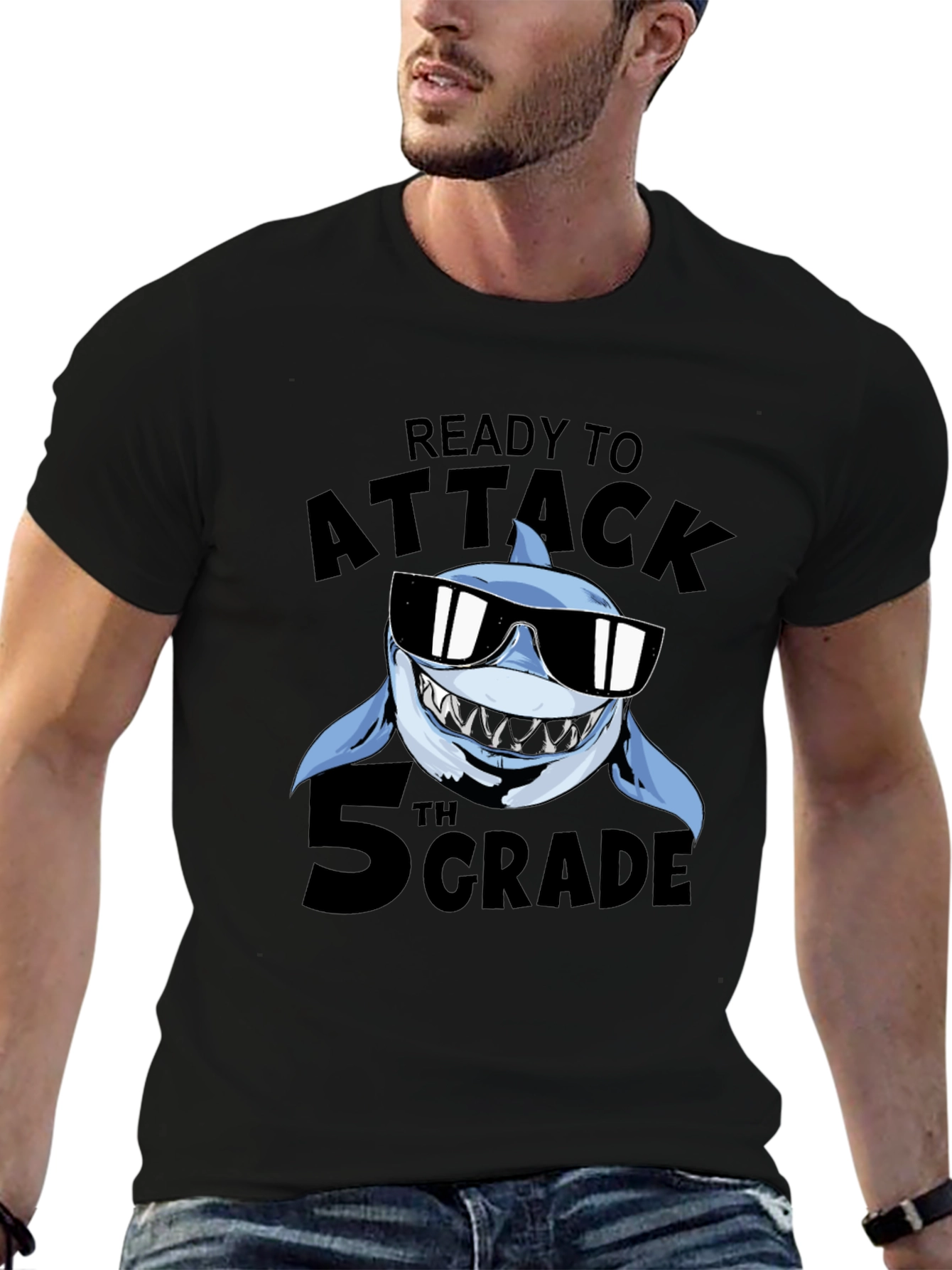 Black Ready to Attack 5th Grade Shark T-Shirt view 6