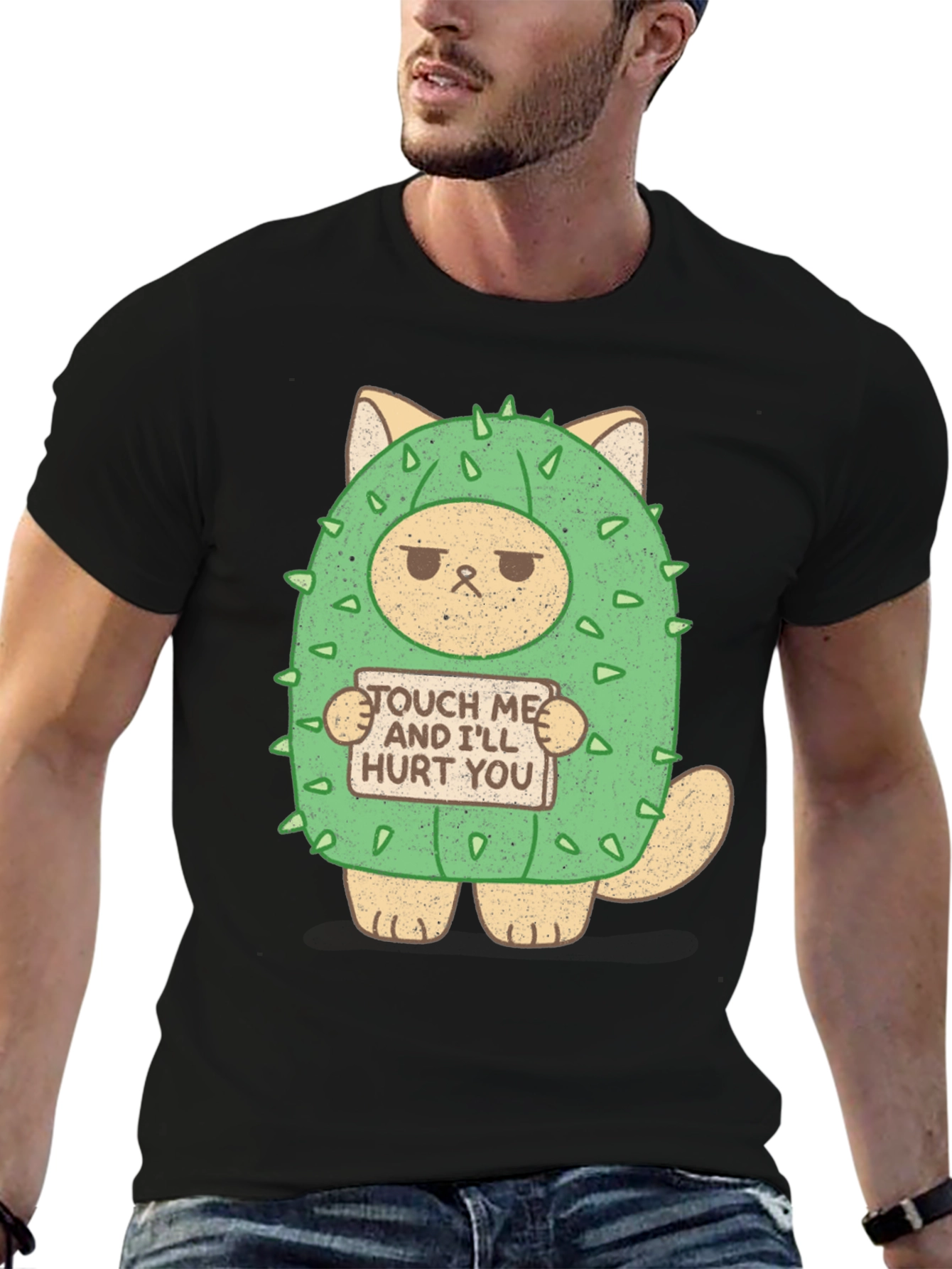 Black Cactus Cat T-Shirt - Touch Me and I'll Hurt You! view 6