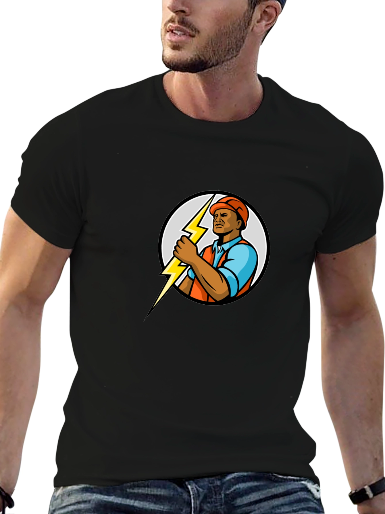 Black Electrician Cartoon Black T-Shirt view 6