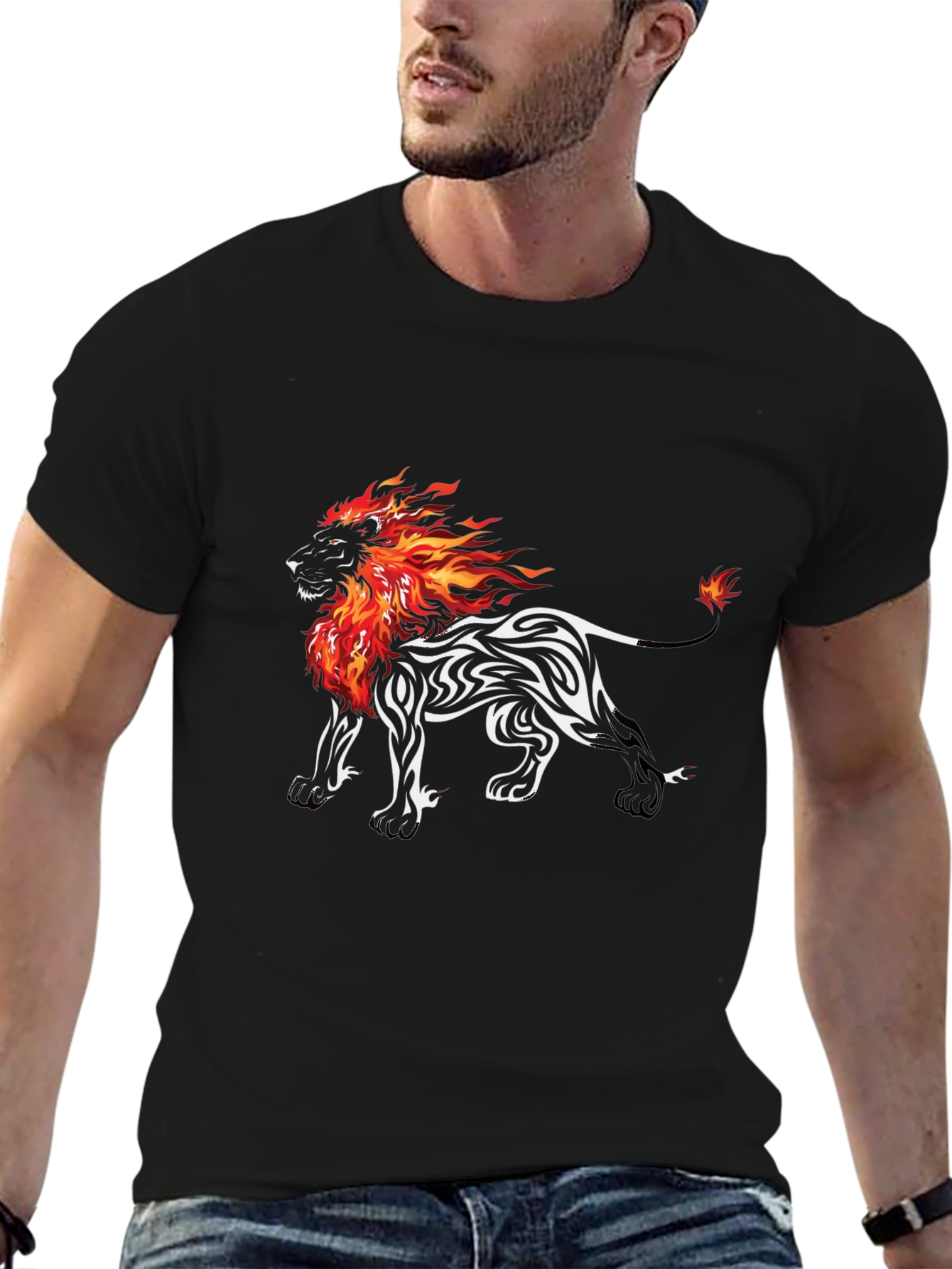 Black Fiery Lion Graphic Tee - Black Cotton Blend T-Shirt view 6