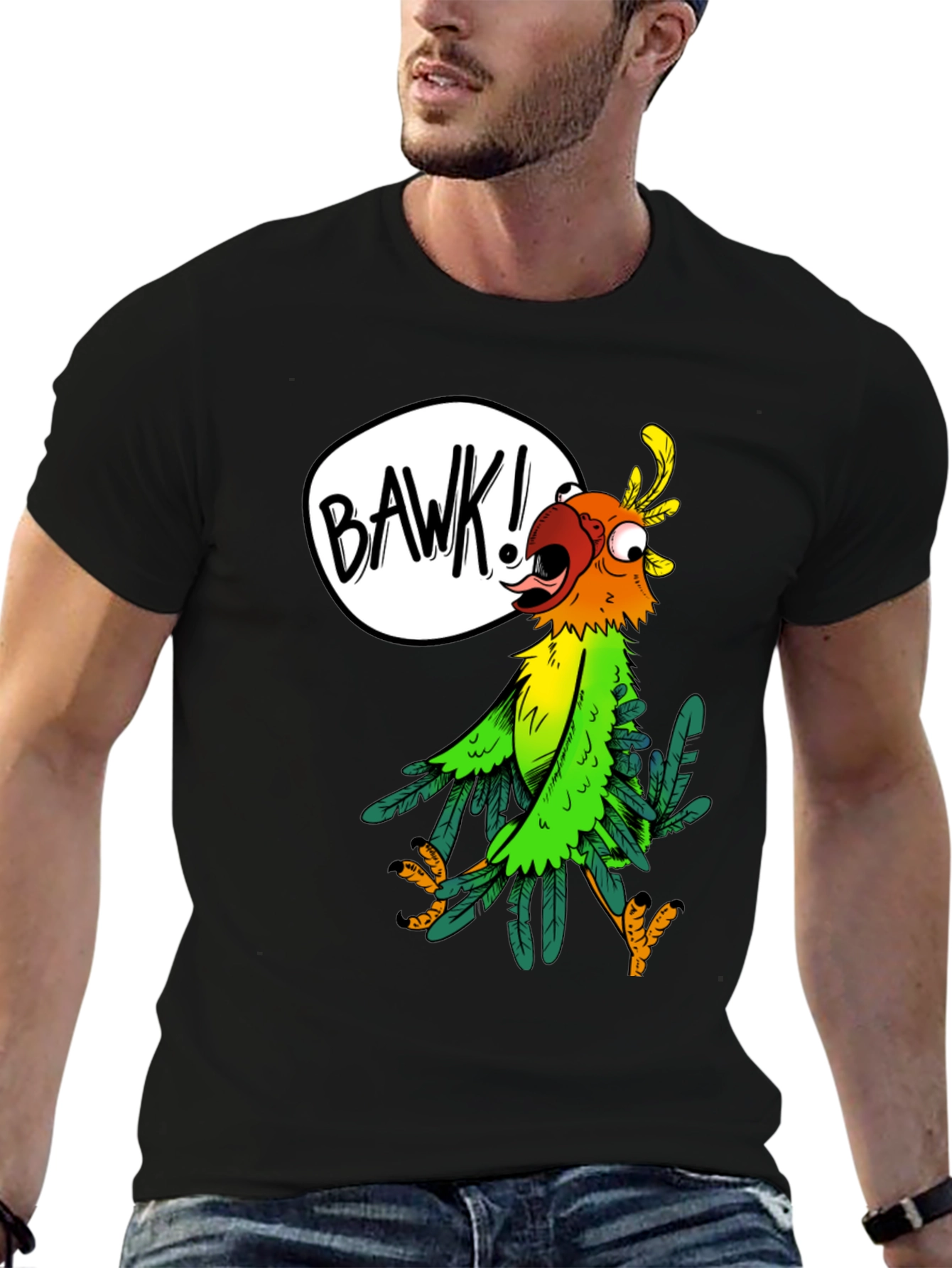 Black Cartoon Parrot Graphic Tee - 'BAWK!' Design view 6