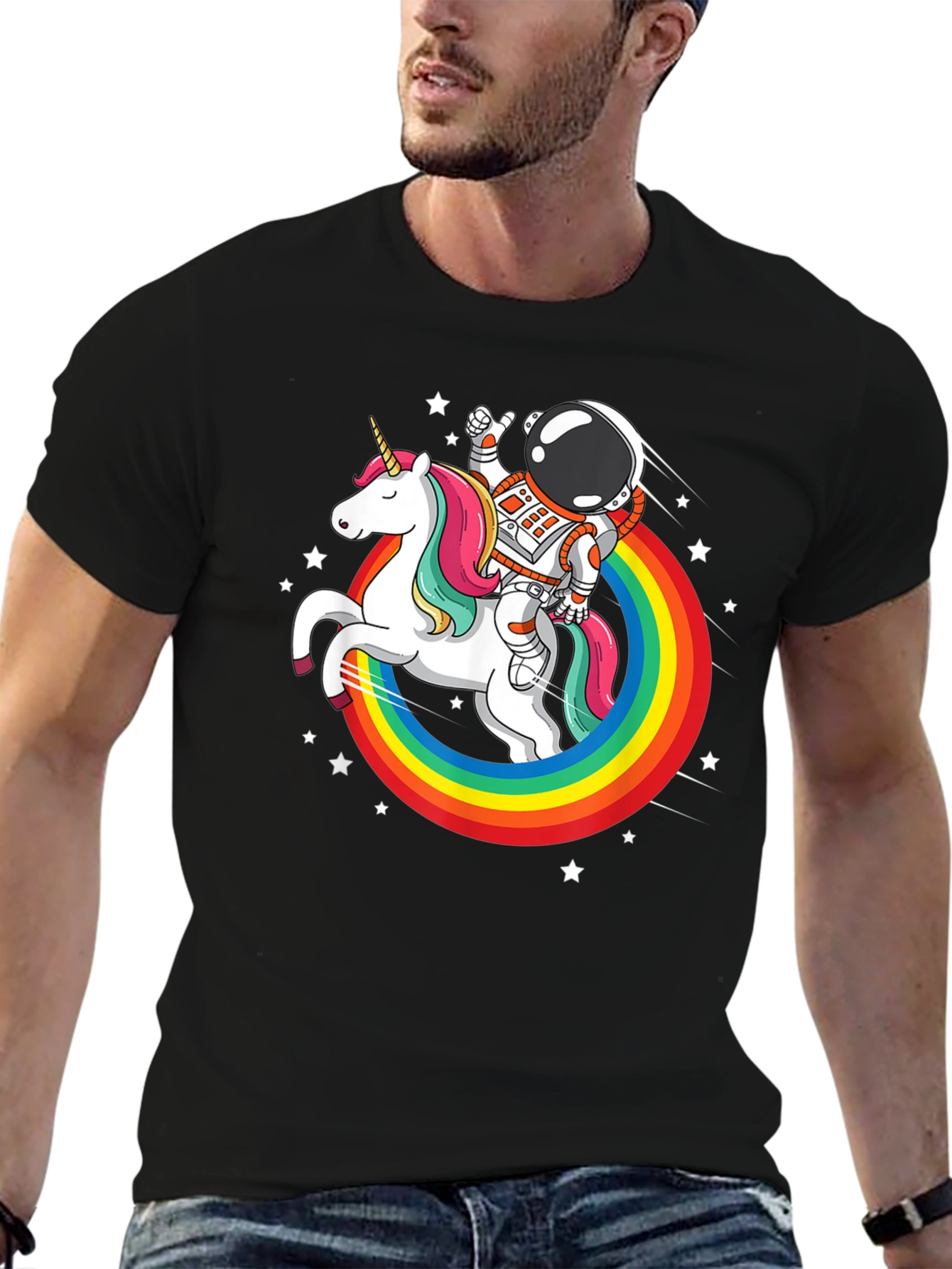 Black Astronaut Unicorn Rainbow T-Shirt view 6