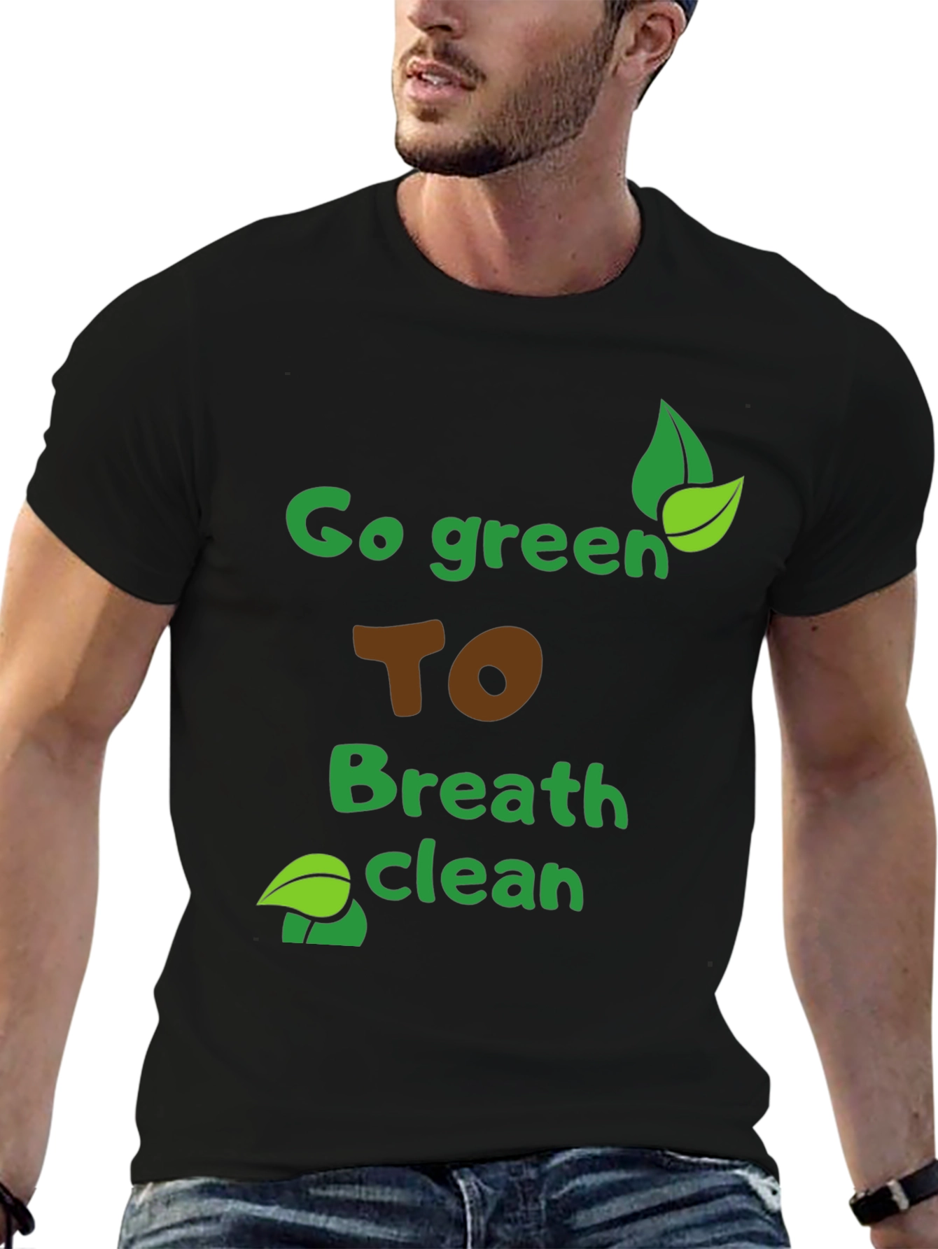 Black Eco-Friendly "Go Green" Graphic Tee - Breathe Clean Air! view 6