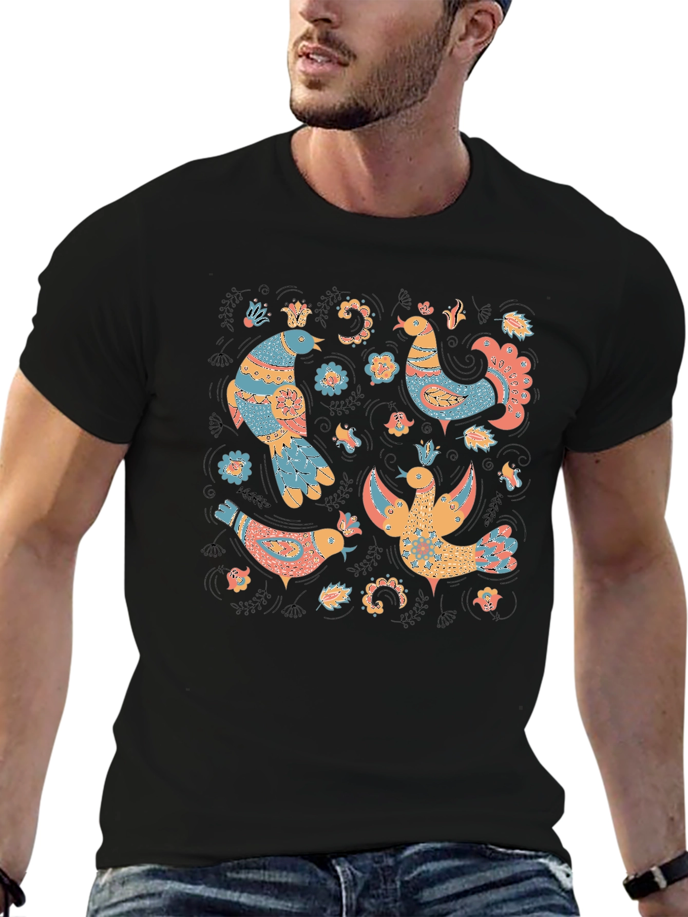 Black Whimsical Folk Art Bird T-Shirt view 6