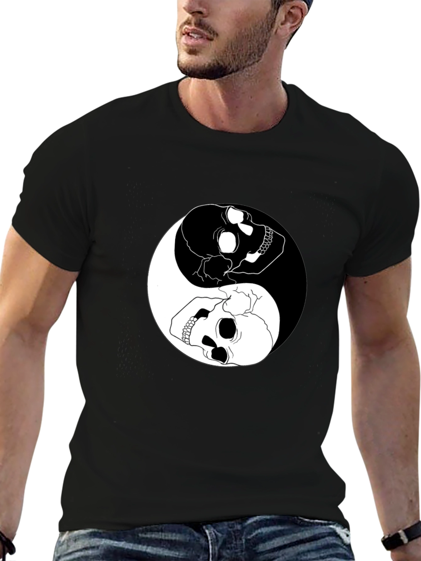Black Yin Yang Skull Graphic T-Shirt - Black Cotton Tee view 6