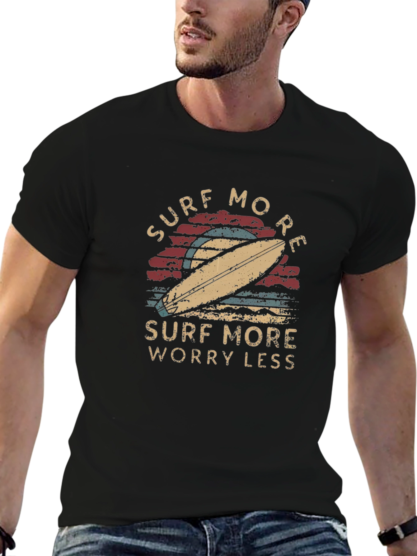 Black Surf More Worry Less Graphic Tee - Retro Surfboard Design view 6
