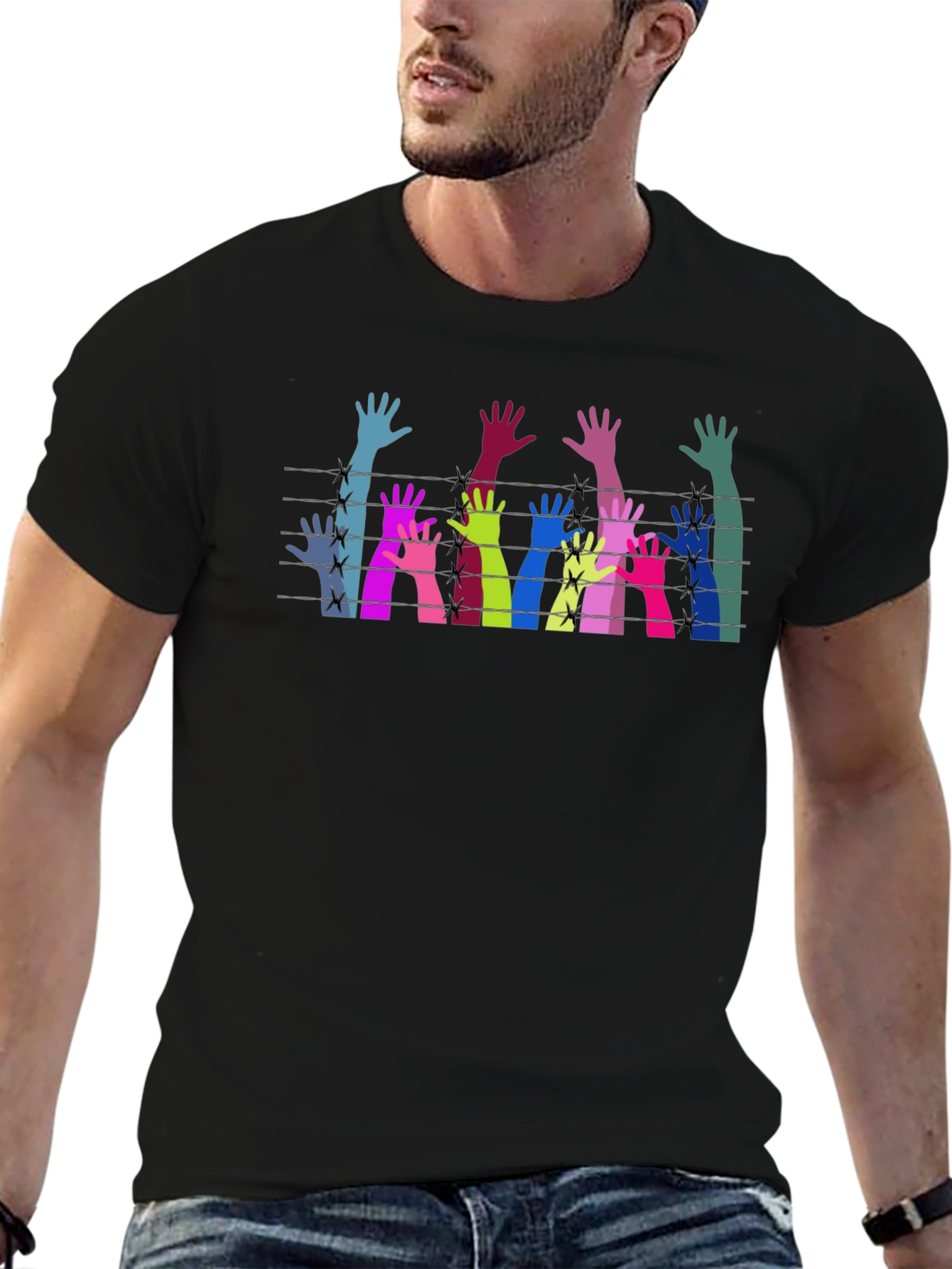 Black Colorful Hands Behind Barbed Wire Graphic Tee view 6