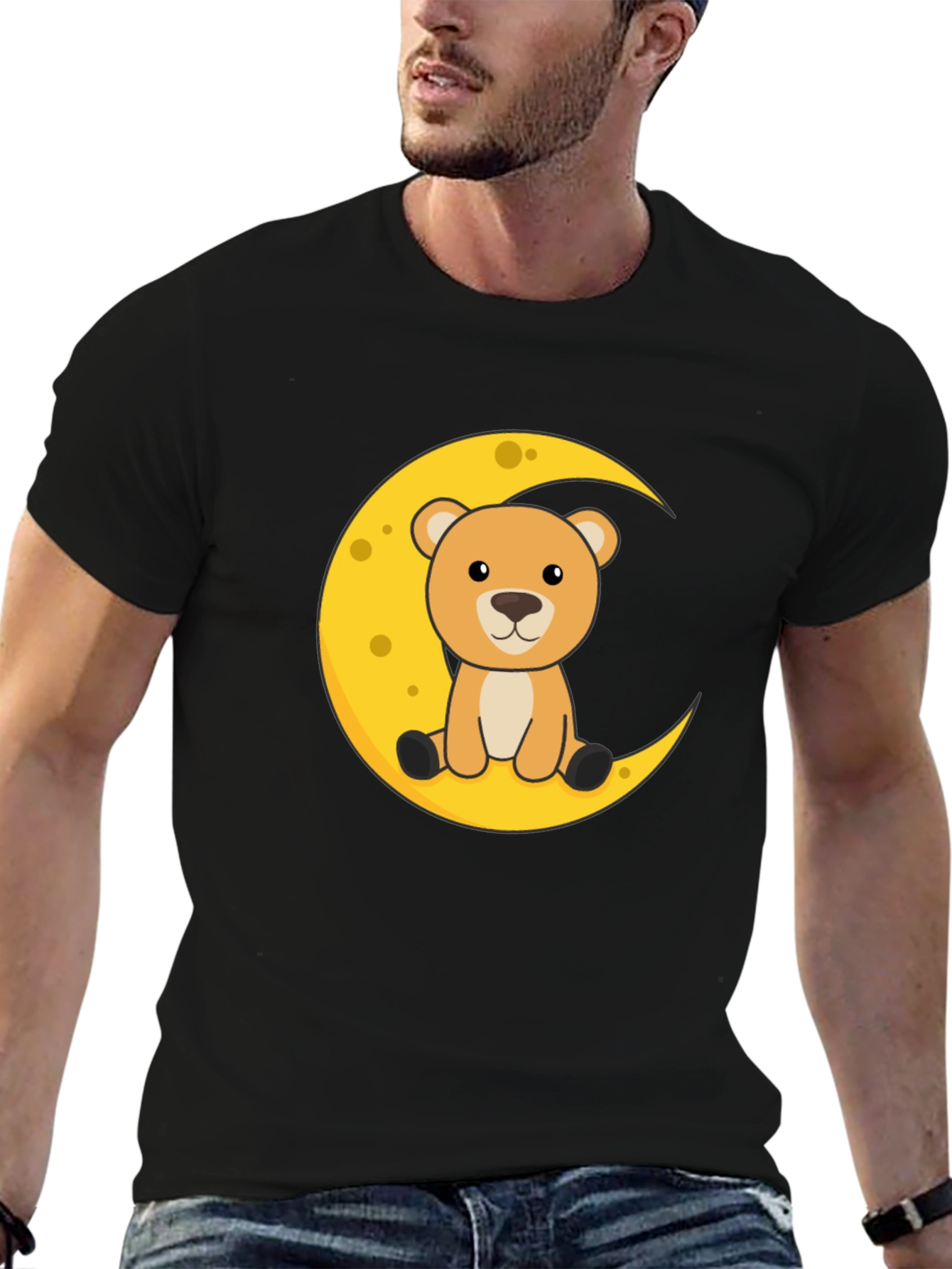 Black Cute Teddy Bear Moon Graphic Tee - Black Casual T-Shirt view 6