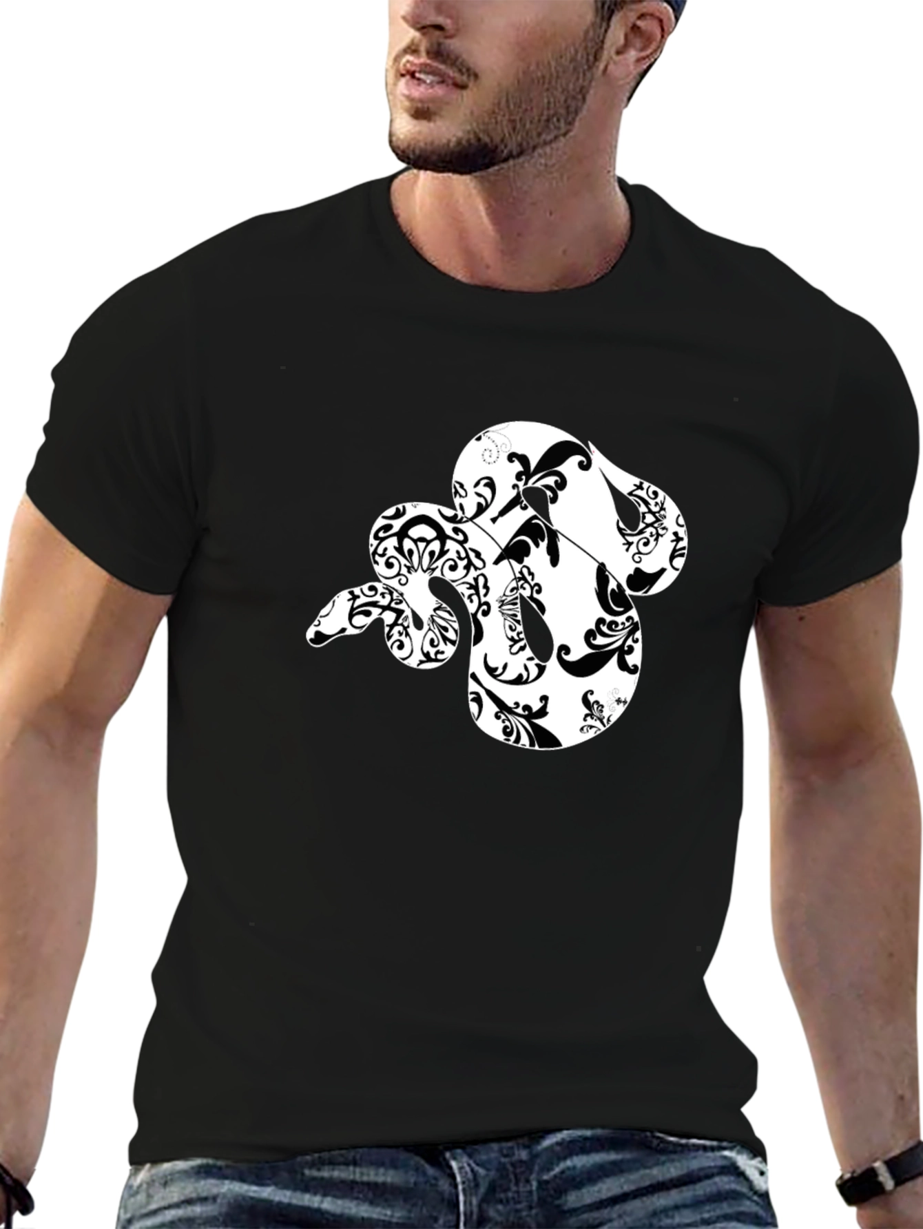 Black Stylish Black T-Shirt with Floral Snake Design view 6