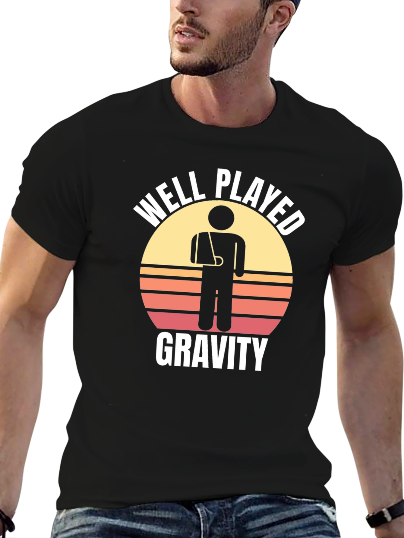 Black Well Played Gravity Graphic T-Shirt - Broken Arm Humor view 6