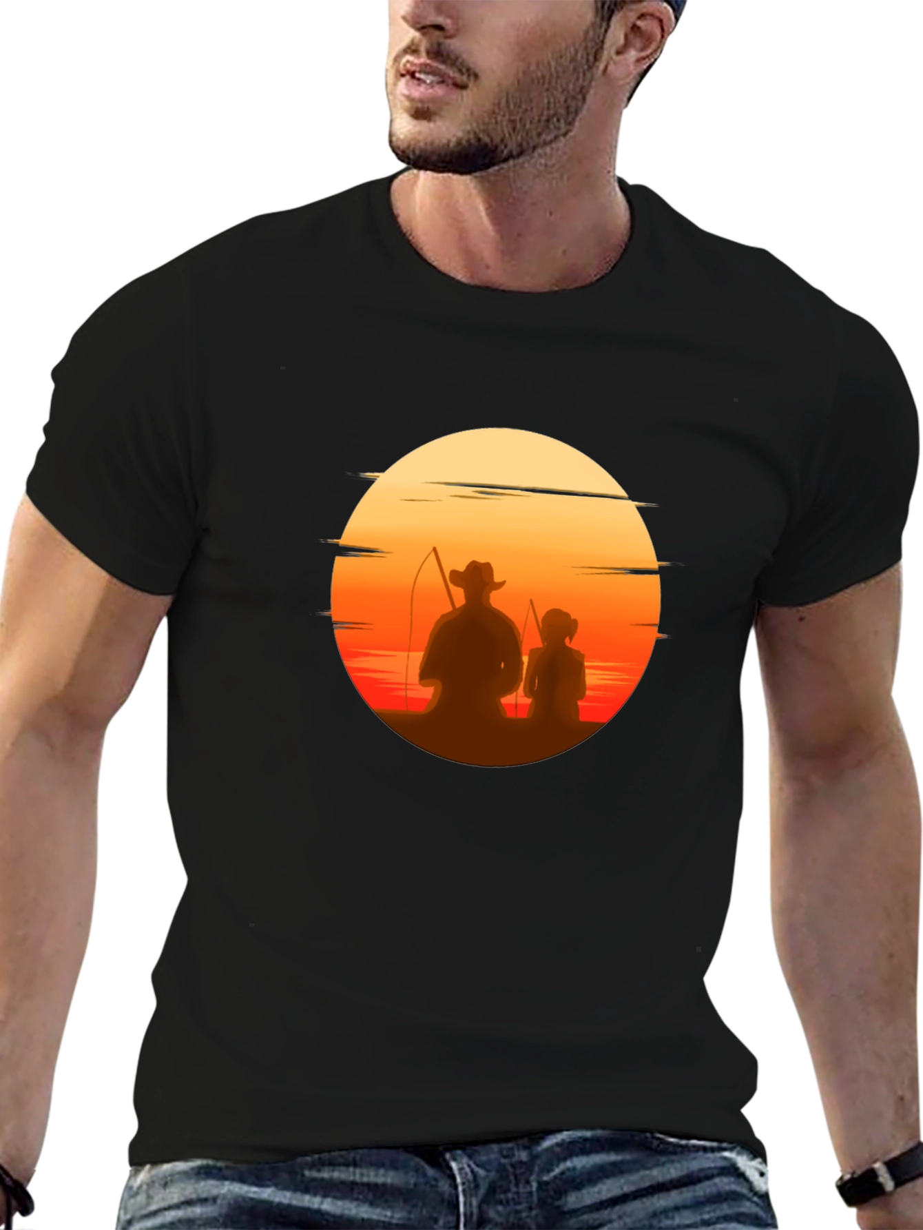 Black Sunset Fishing T-Shirt: Dad & Daughter Silhouette Tee view 6