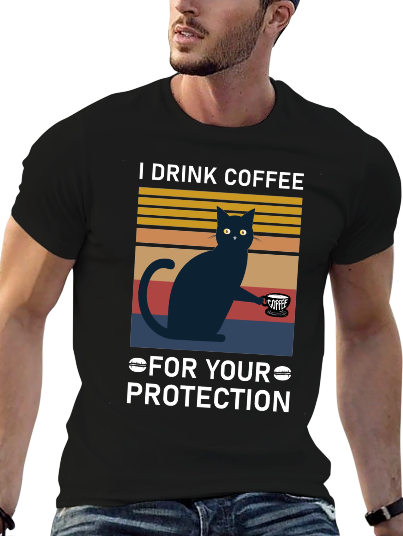 Black Funny Cat Coffee T-Shirt - For Your Protection view 6