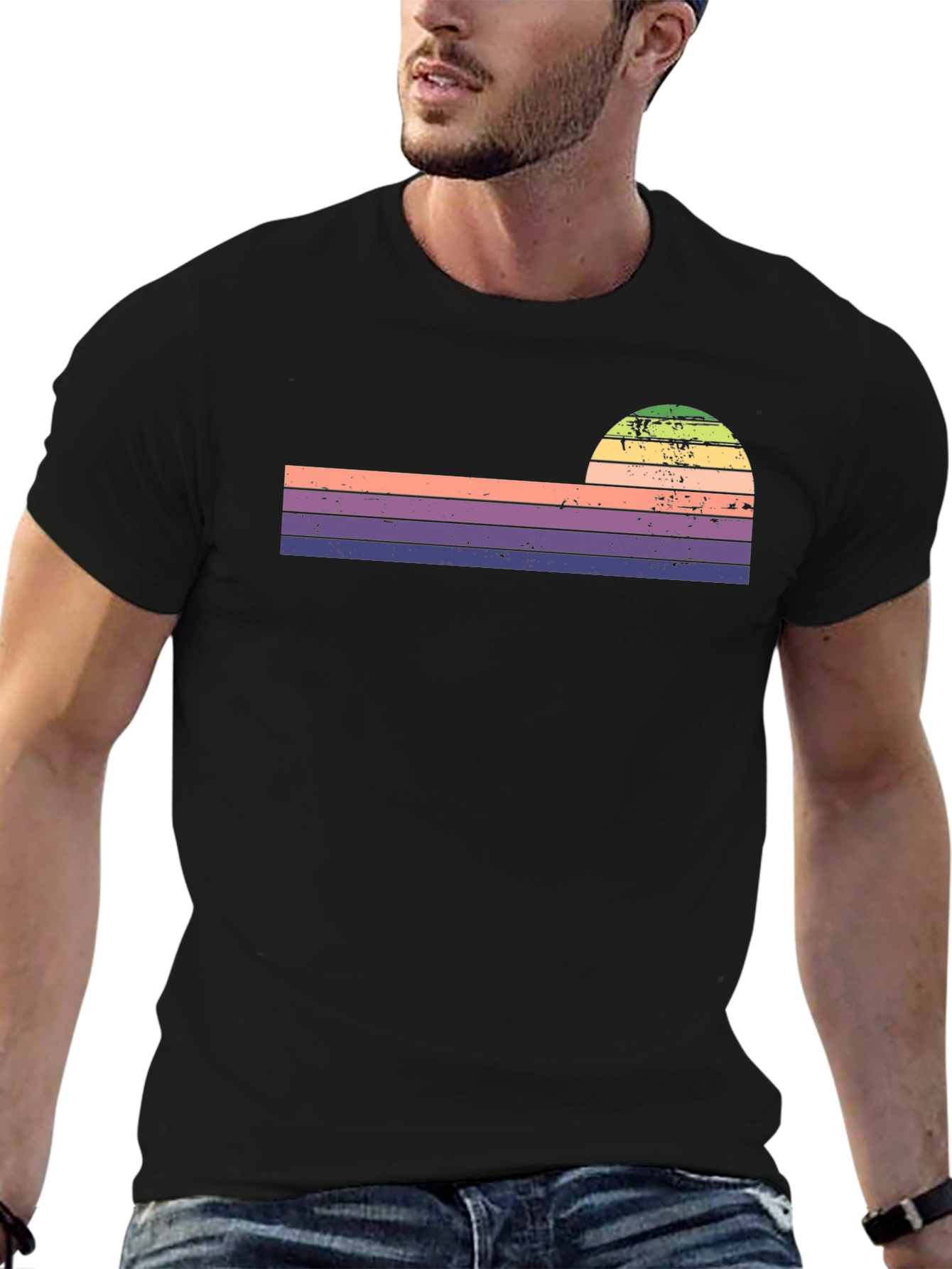 Black Retro Sunset Striped Graphic Tee view 6