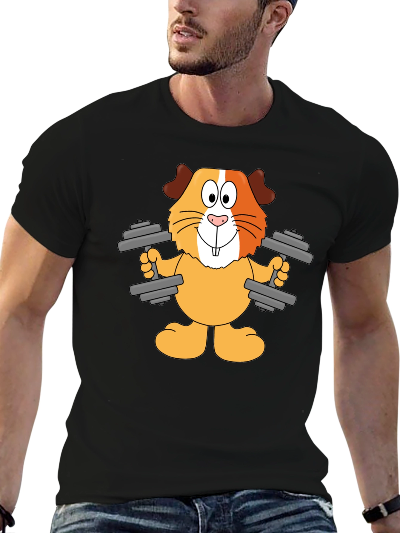 Black Funny Guinea Pig Lifting Weights T-Shirt view 6