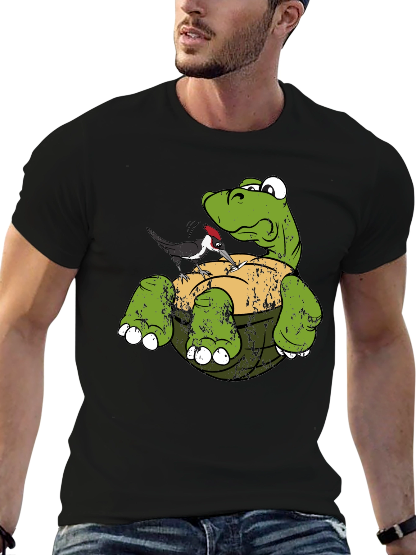Black Turtle & Woodpecker Graphic T-Shirt view 6