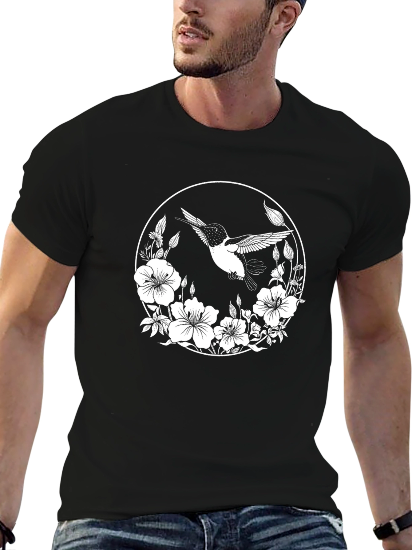 Black Hummingbird Floral Graphic Black T-Shirt view 6