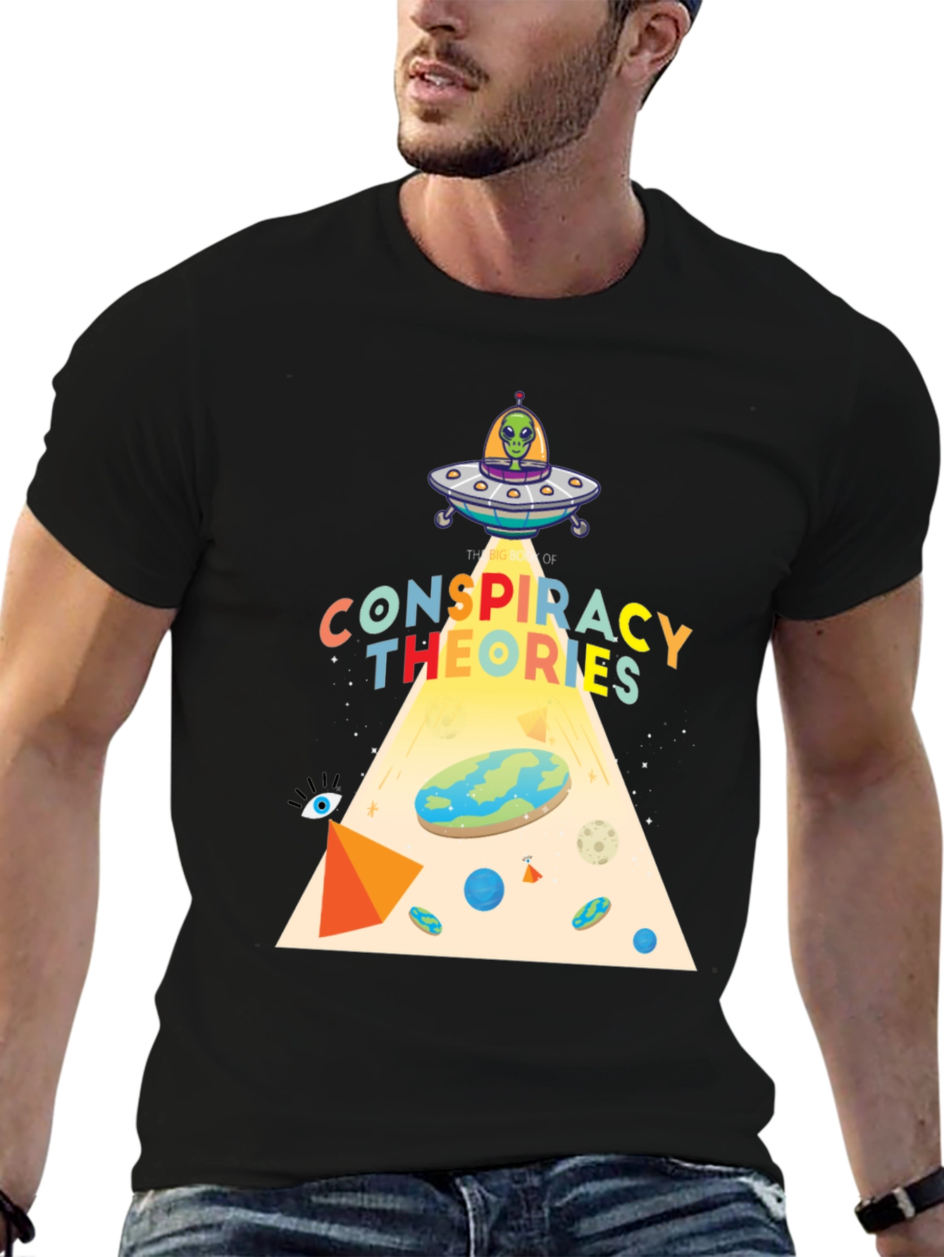 Black Conspiracy Theories Graphic T-Shirt, Alien UFO, Flat Earth view 6
