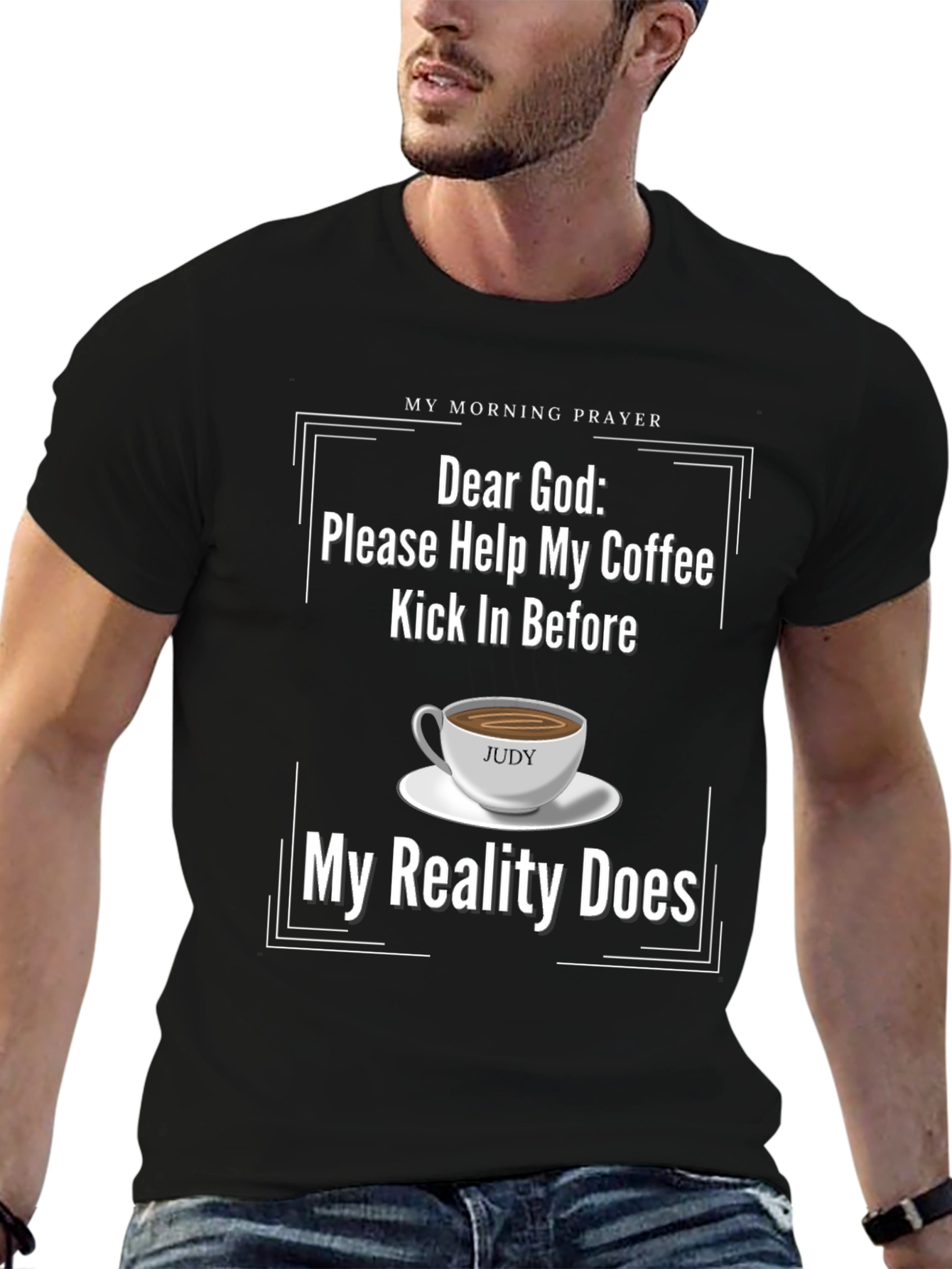 Black Funny "Dear God" Coffee T-Shirt view 6