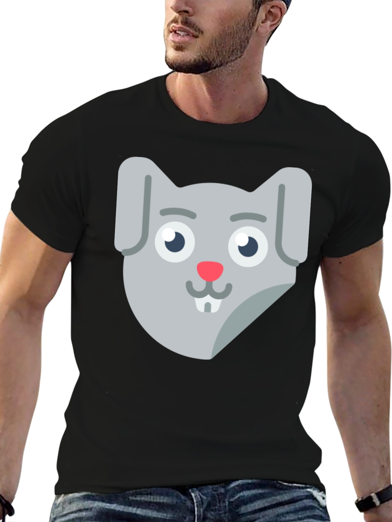 Black Cute Cartoon Rabbit Face Black T-Shirt view 6
