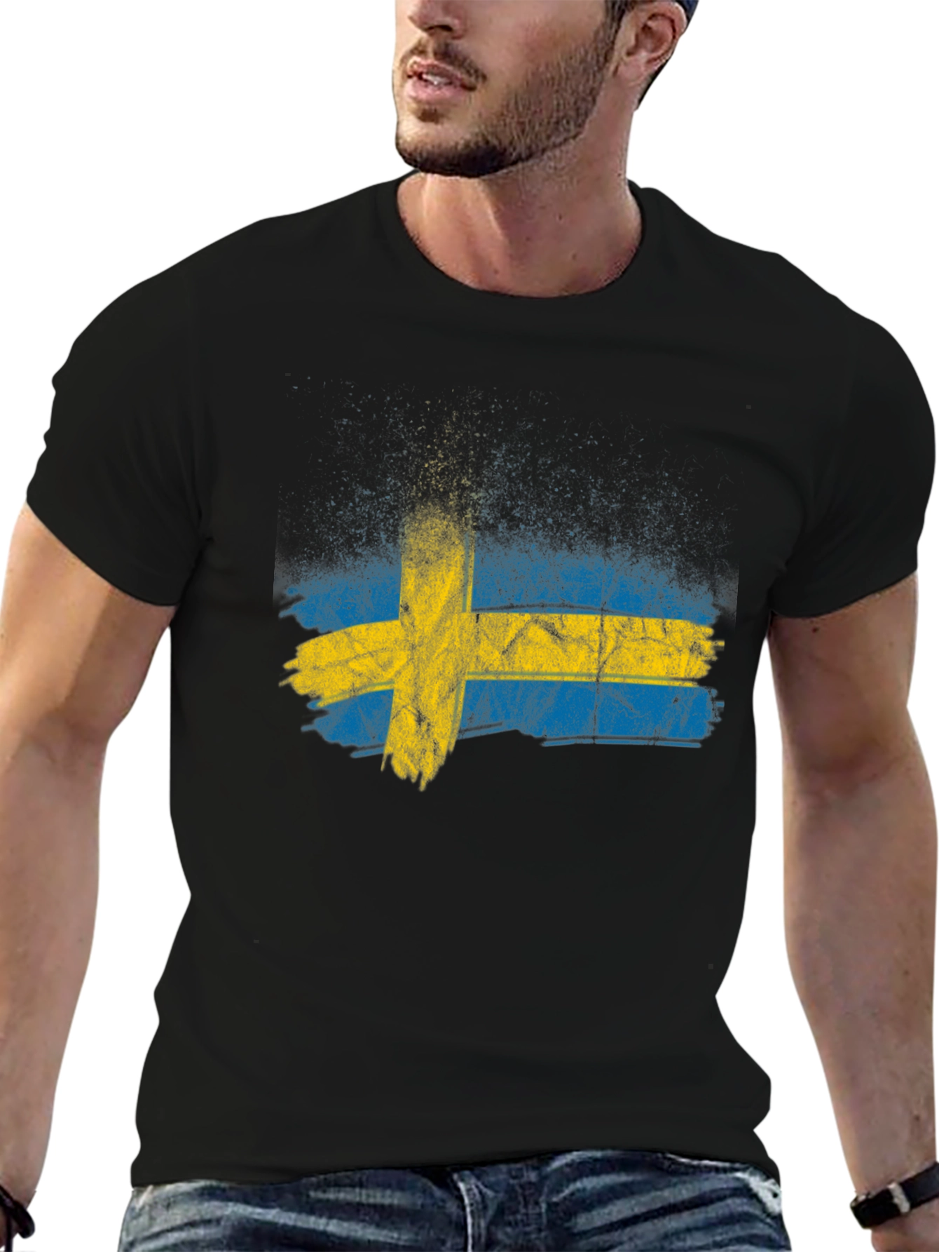 Black Sweden Flag Distressed Graphic Tee - Black view 6
