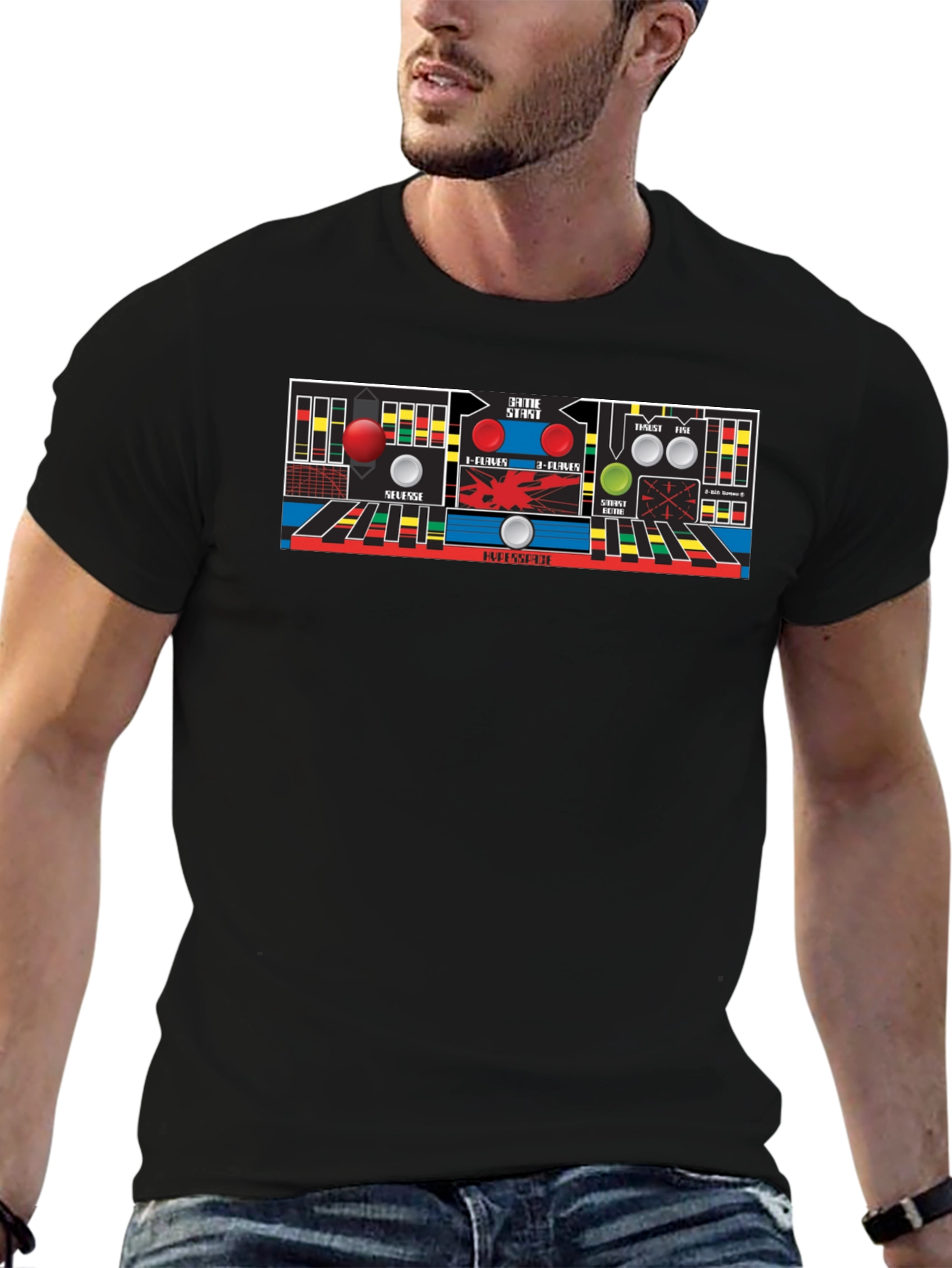 Black Retro Arcade Game Control Panel T-Shirt view 6