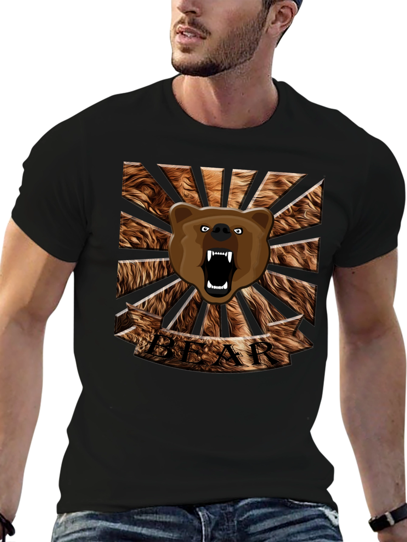 Black Roaring Bear Graphic T-Shirt - Mens Black Crew Neck Tee view 6