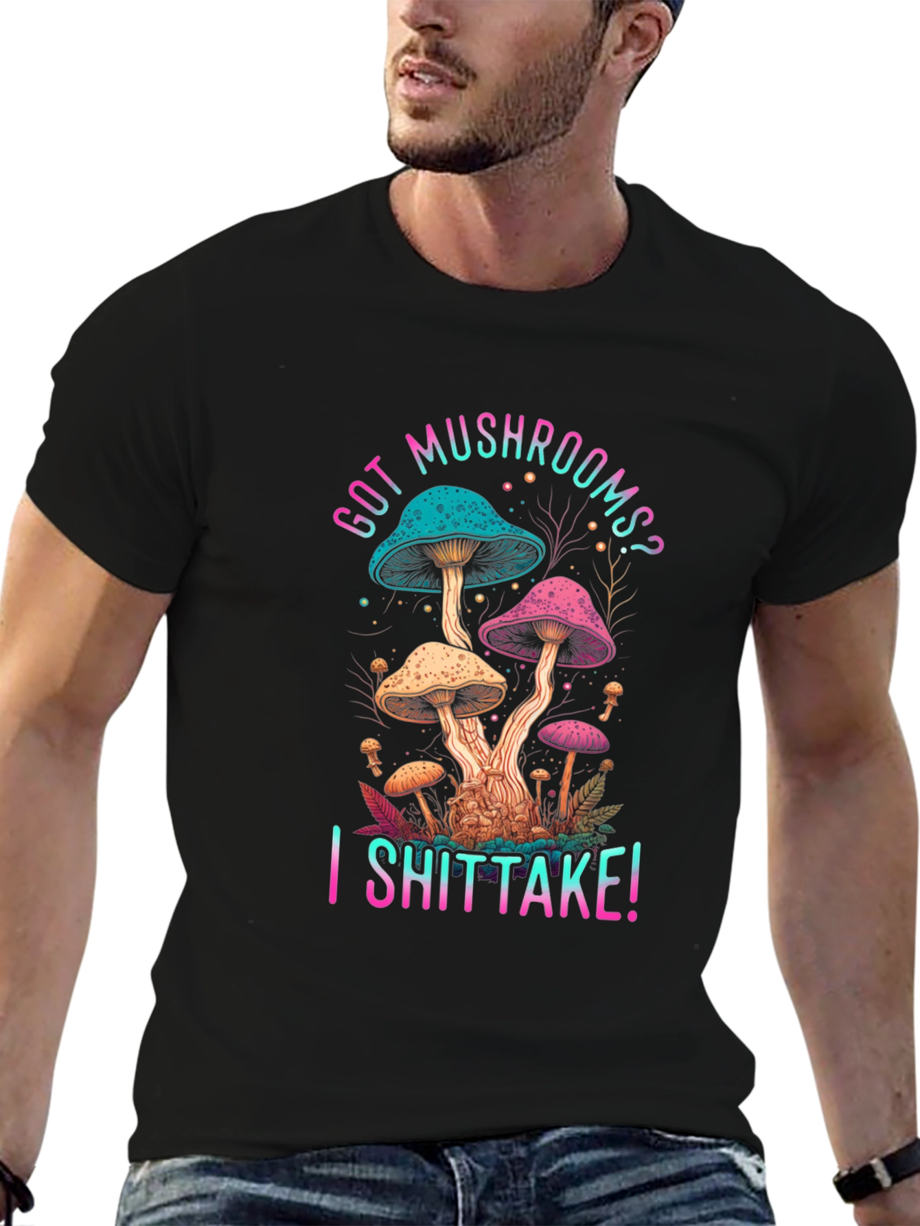 Black Got Mushrooms? I Shiitake! Funny Graphic Tee view 6