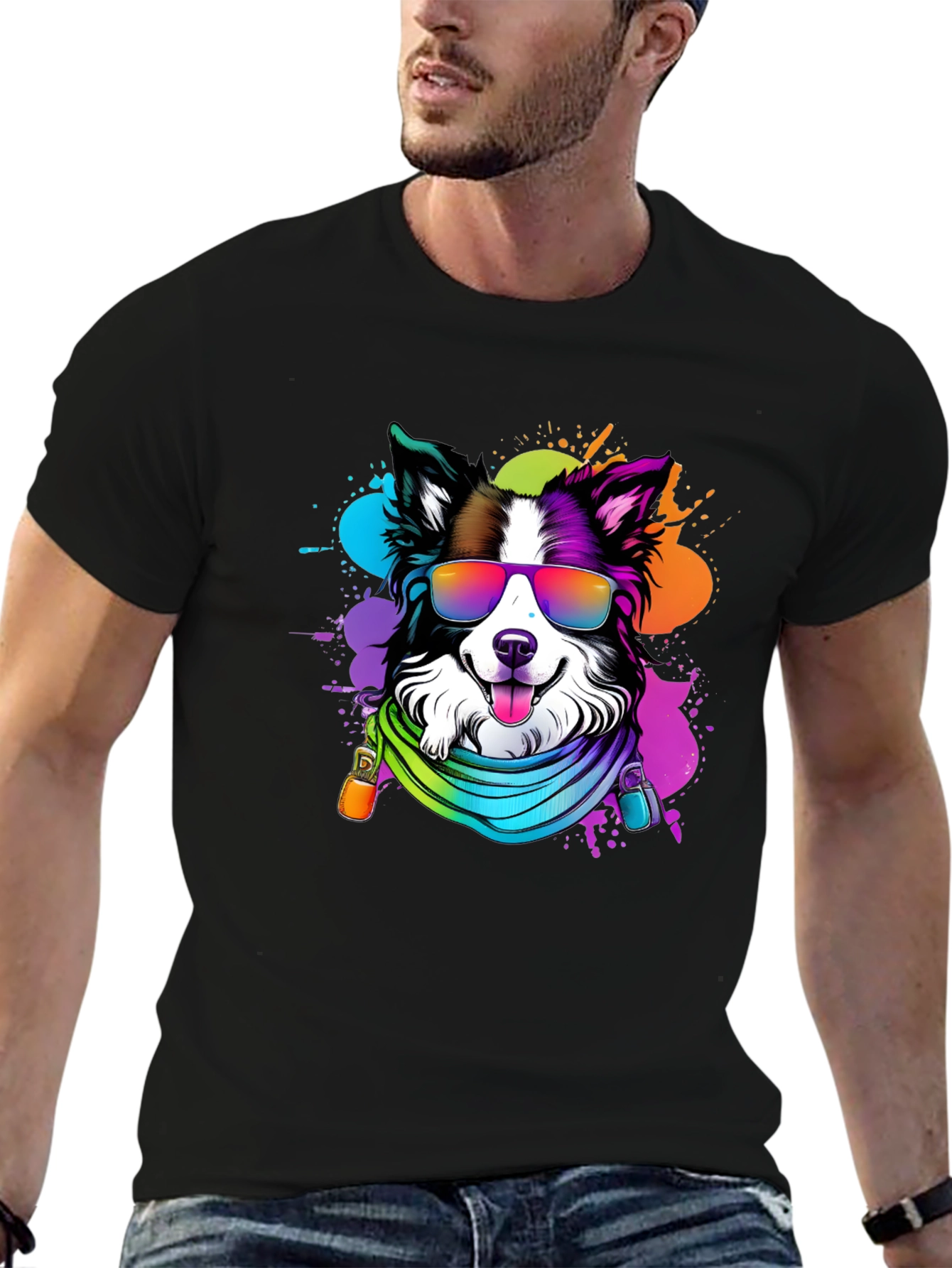 Black Cool Dog Graphic Tee - Colorful Border Collie T-Shirt view 6