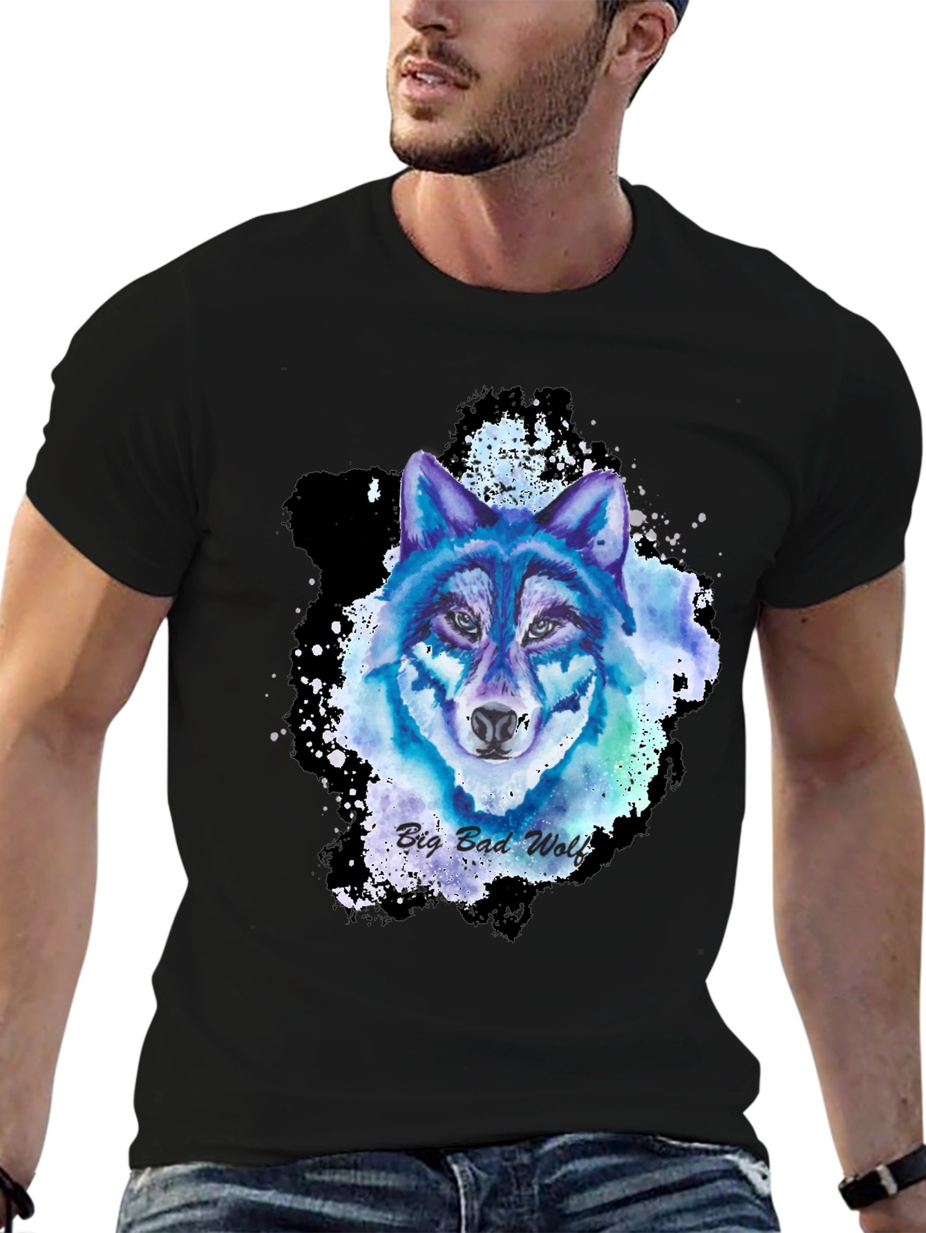 Black Watercolor Wolf Graphic Tee - Cool Animal Design view 6