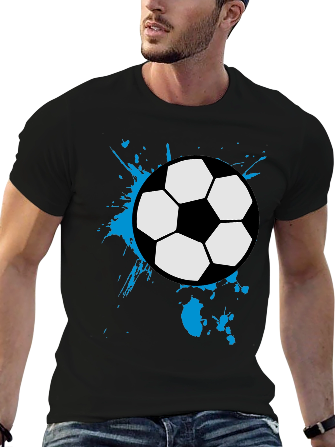 Black Soccer Ball Splash Tee - Black Cotton Graphic T-Shirt view 6