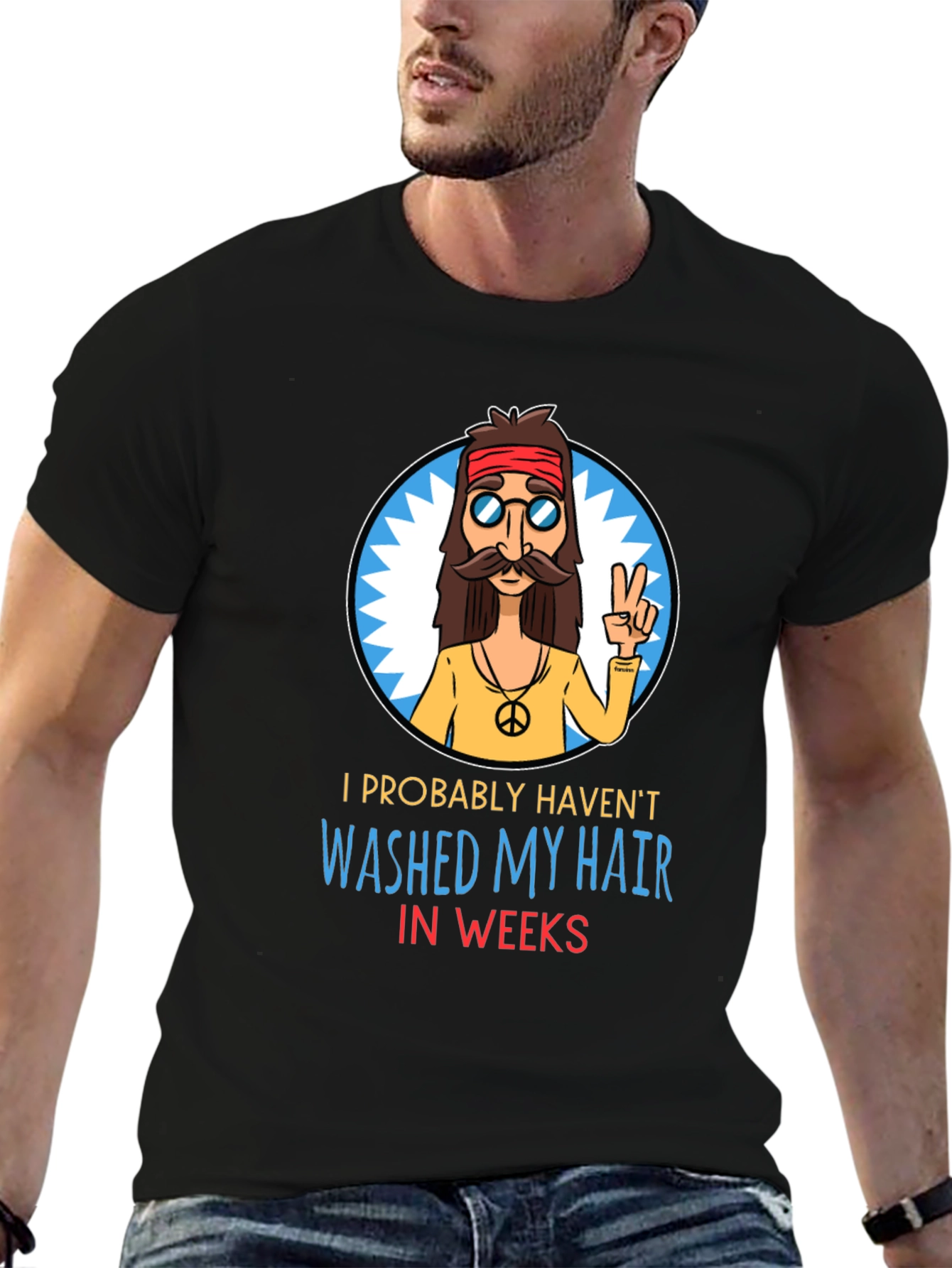 Black Hippie Humor T-Shirt - Unwashed Hair view 6