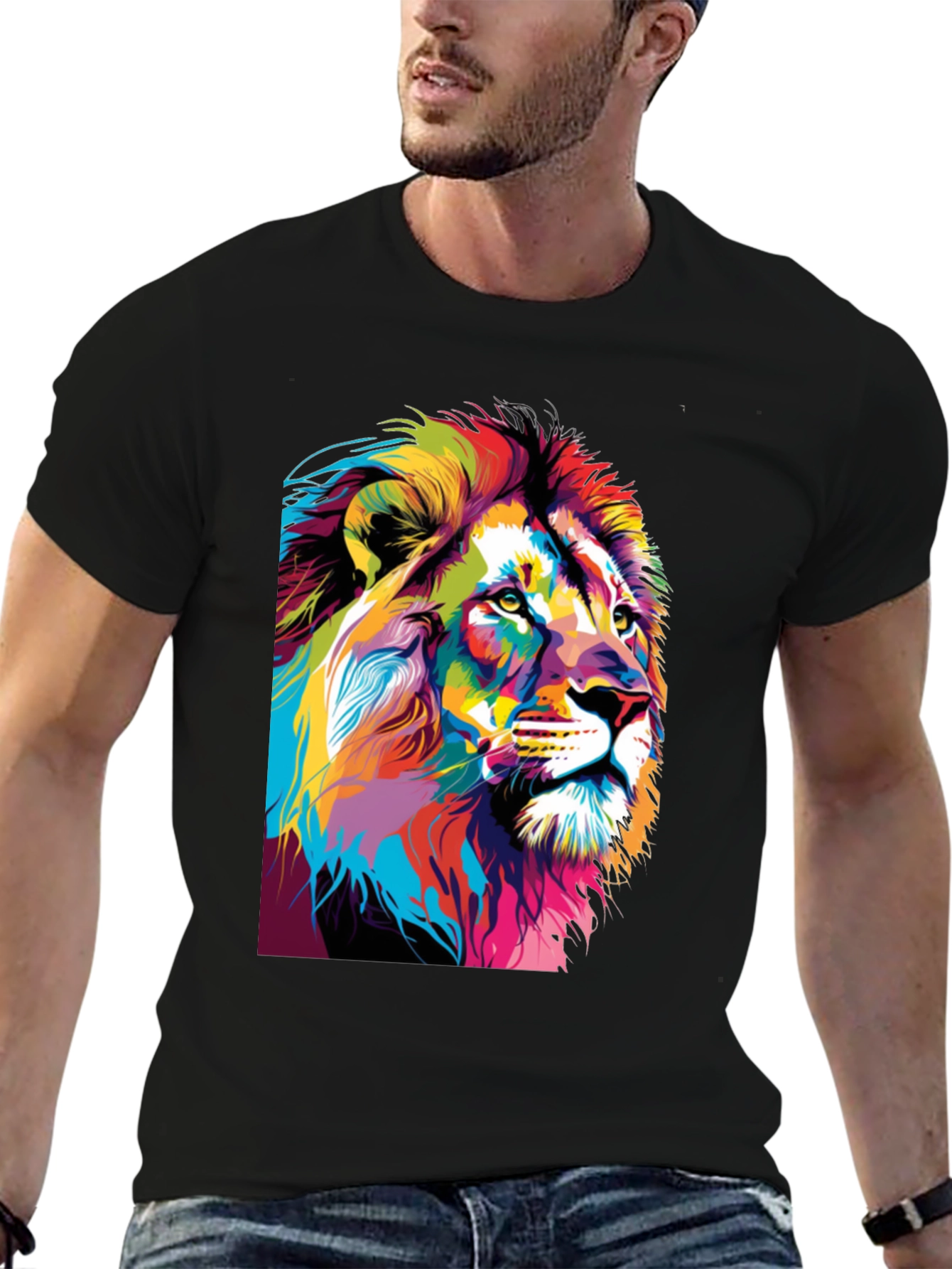 Black Colorful Lion Graphic Print T-Shirt view 6