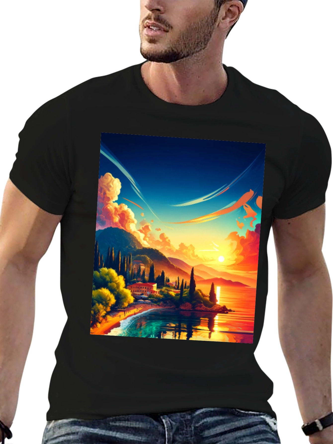 Black Vibrant Sunset Landscape Graphic Tee view 6