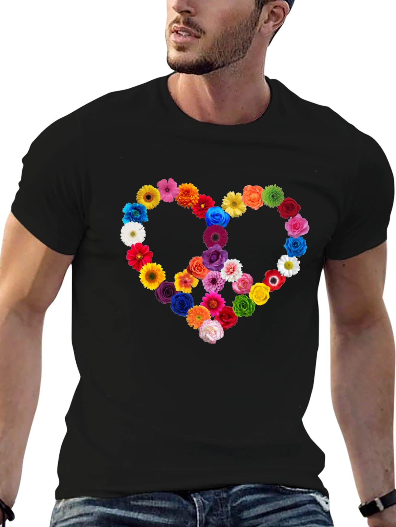 Black Floral Peace Sign Heart Graphic T-Shirt view 6