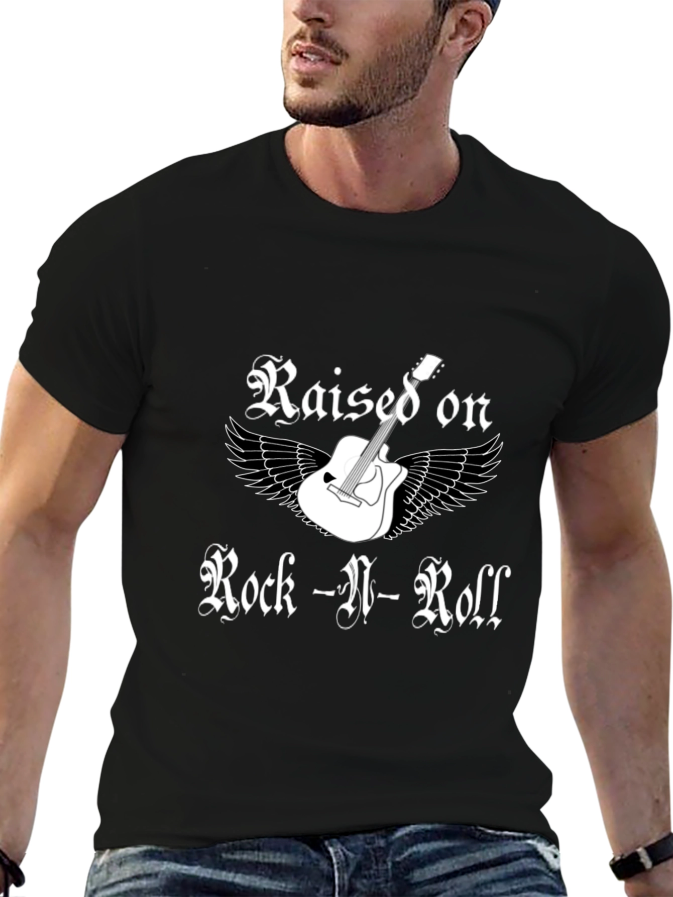 Black Rock-N-Roll T-Shirt - Guitar and Wings Design view 6