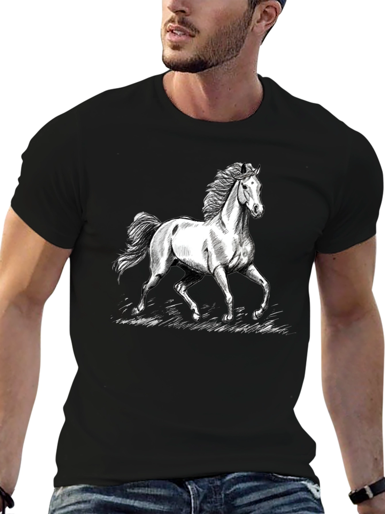 Black Horse Graphic Tee - Black Cotton Casual T-Shirt view 6