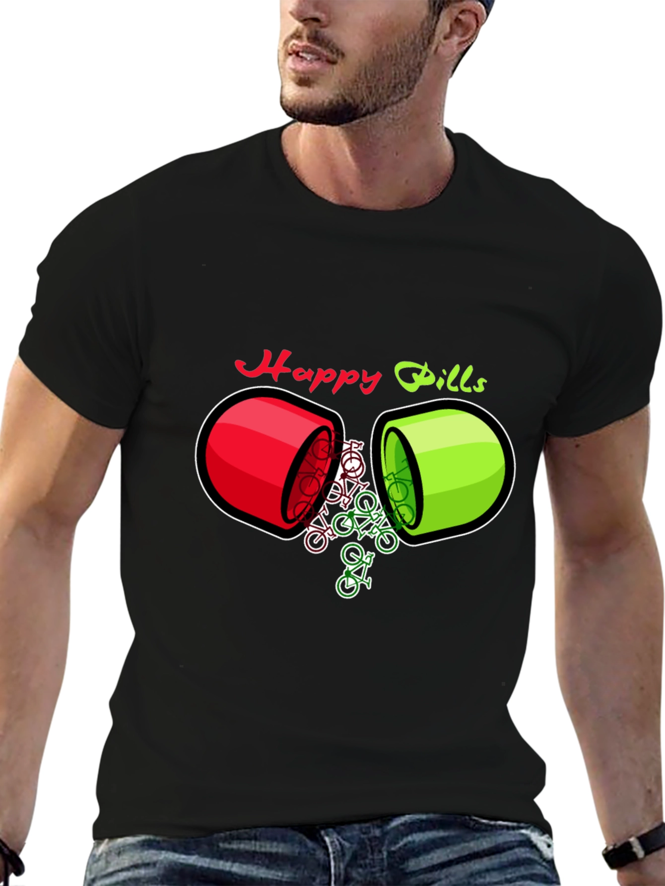Black Happy Pills Bicycle T-Shirt - Quirky Graphic Tee view 6