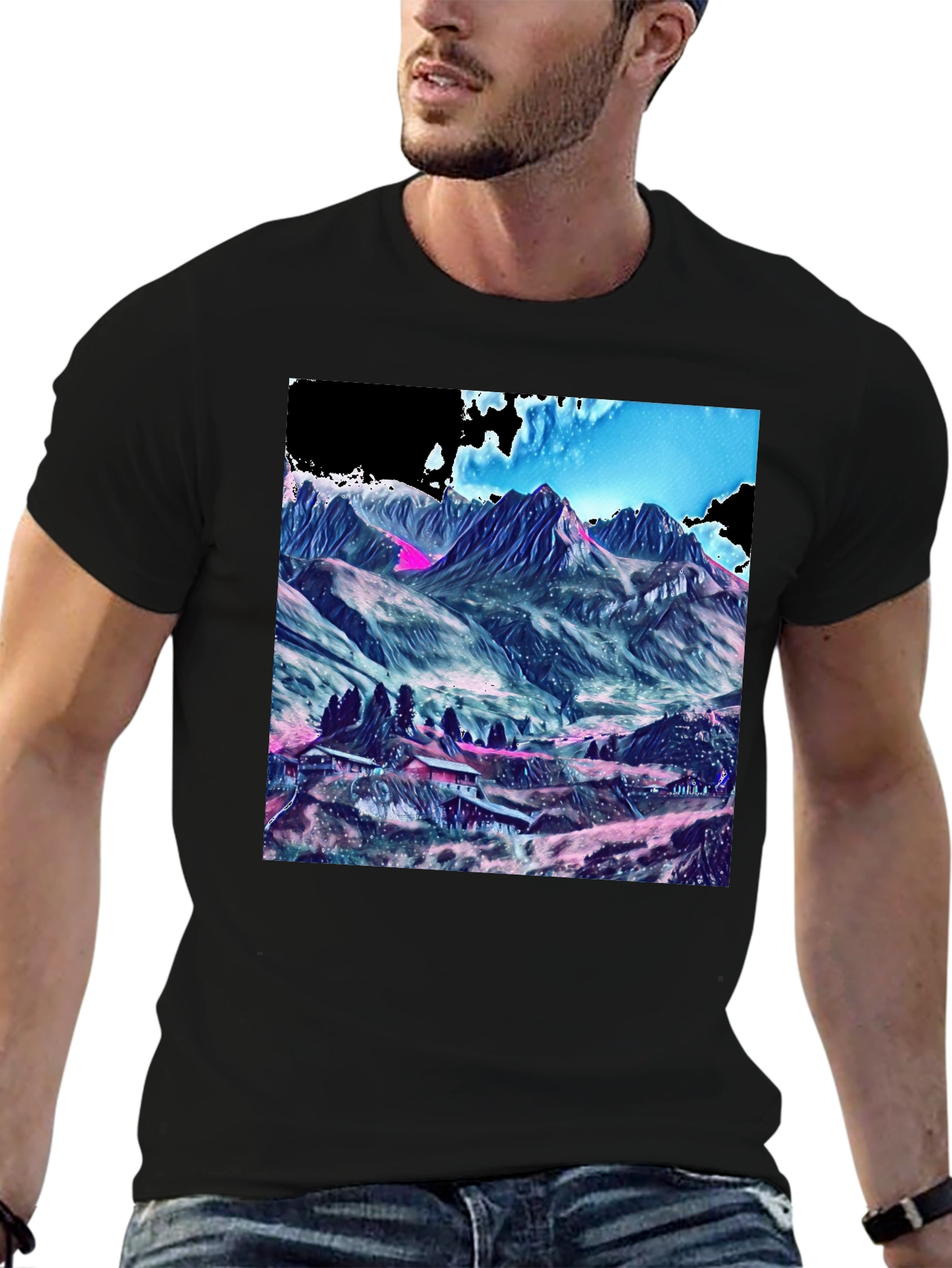 Black Mountains Graphic Tee - Stylish Black Cotton T-Shirt view 6