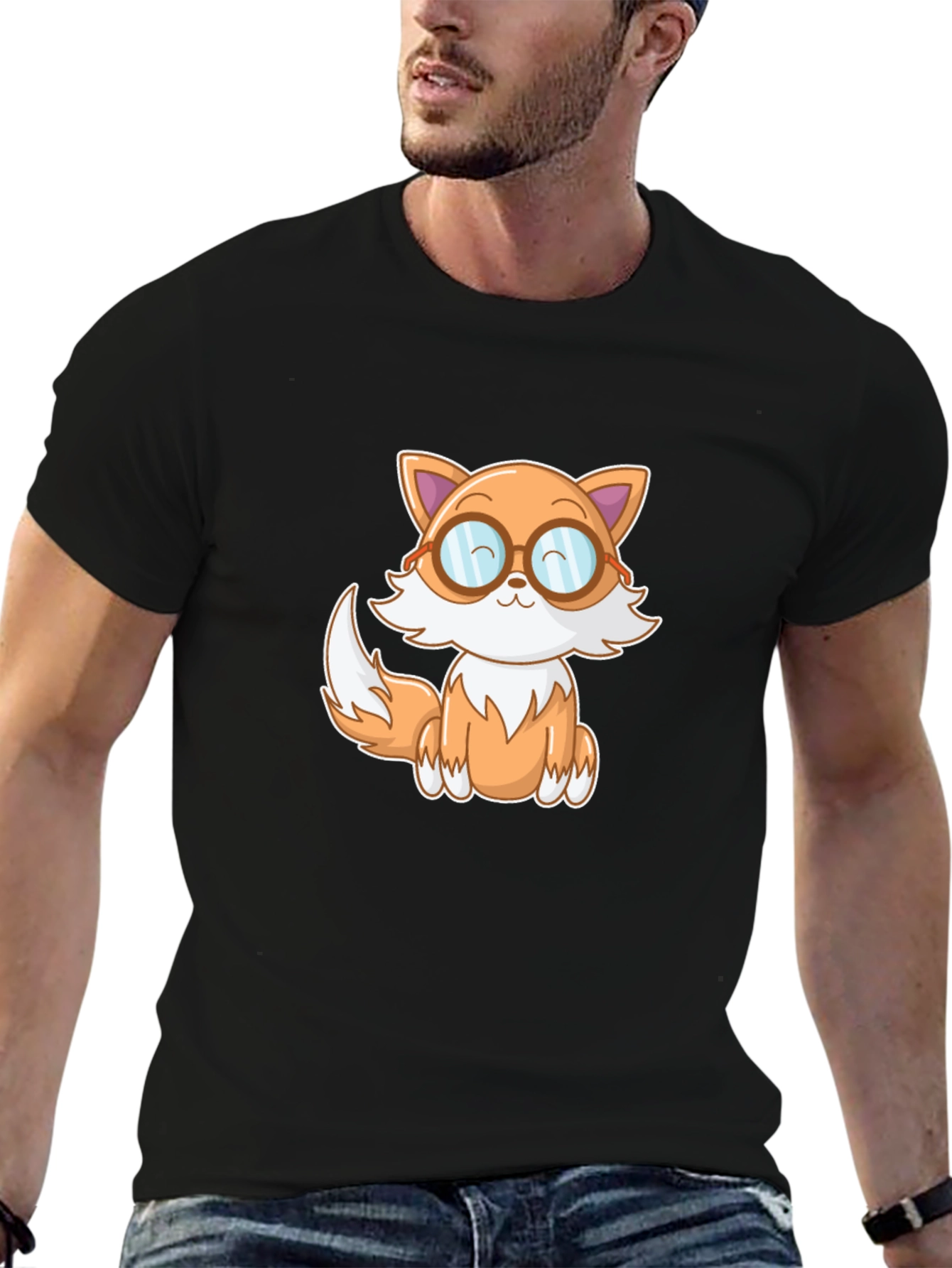 Black Cute Cartoon Fox T-Shirt - Black view 6
