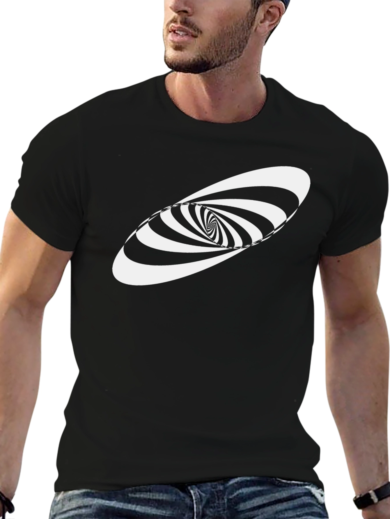Black Optical Illusion Swirl Graphic Tee - Black Cotton view 6