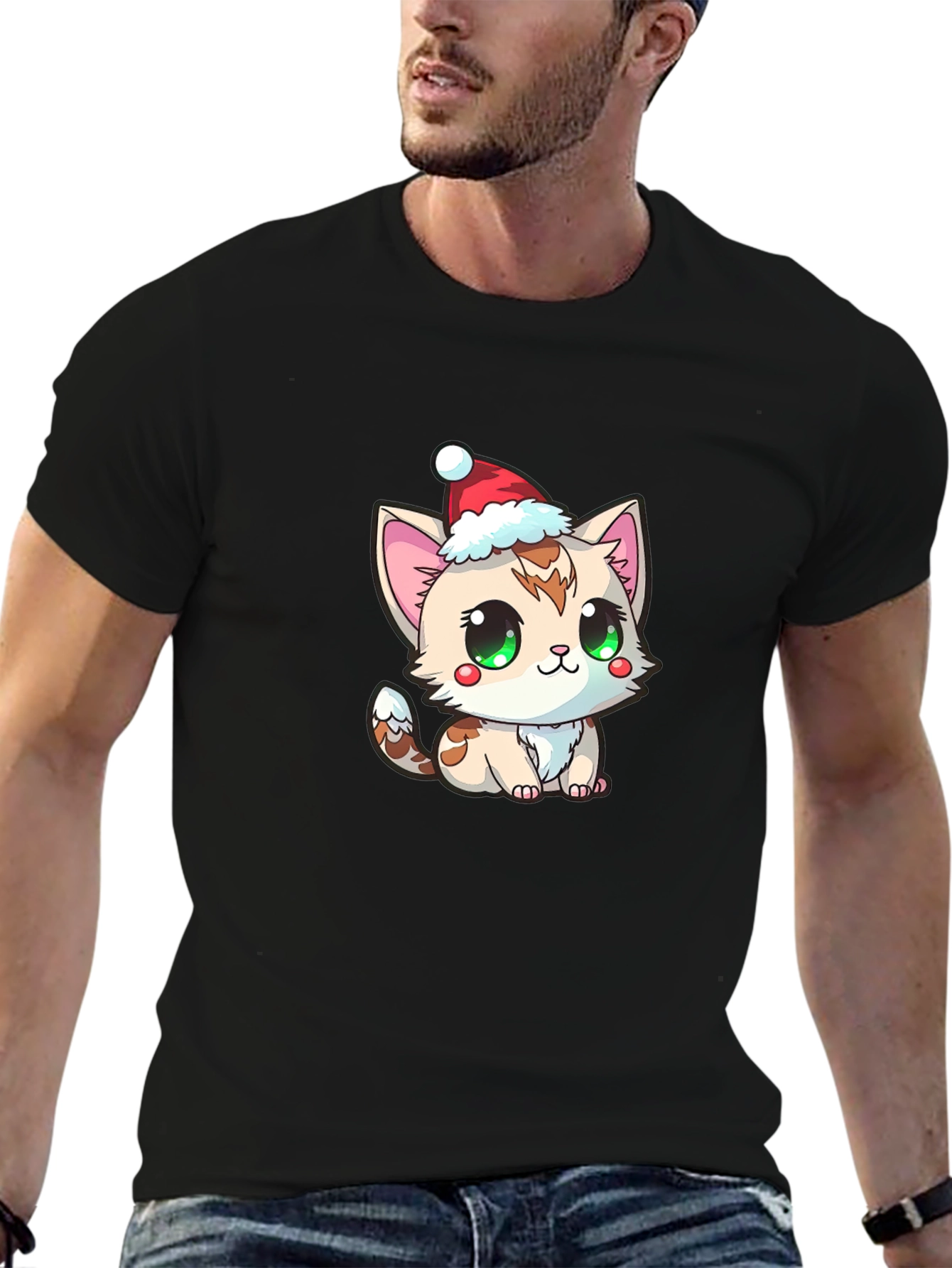 Black Cute Kitten in Santa Hat Graphic Tee view 6
