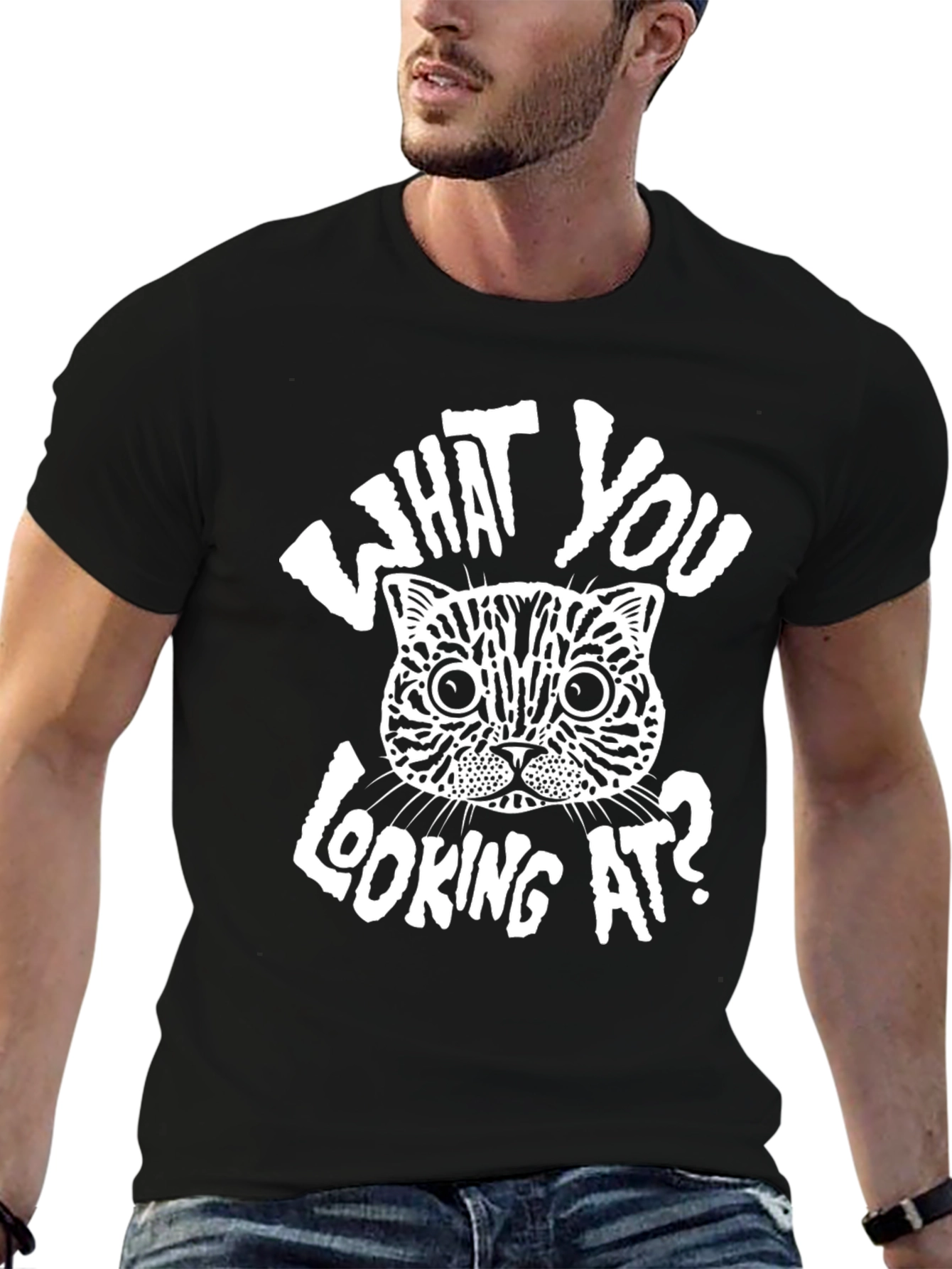 Black Funny Cat Graphic T-Shirt - What You Looking At? Tee view 6