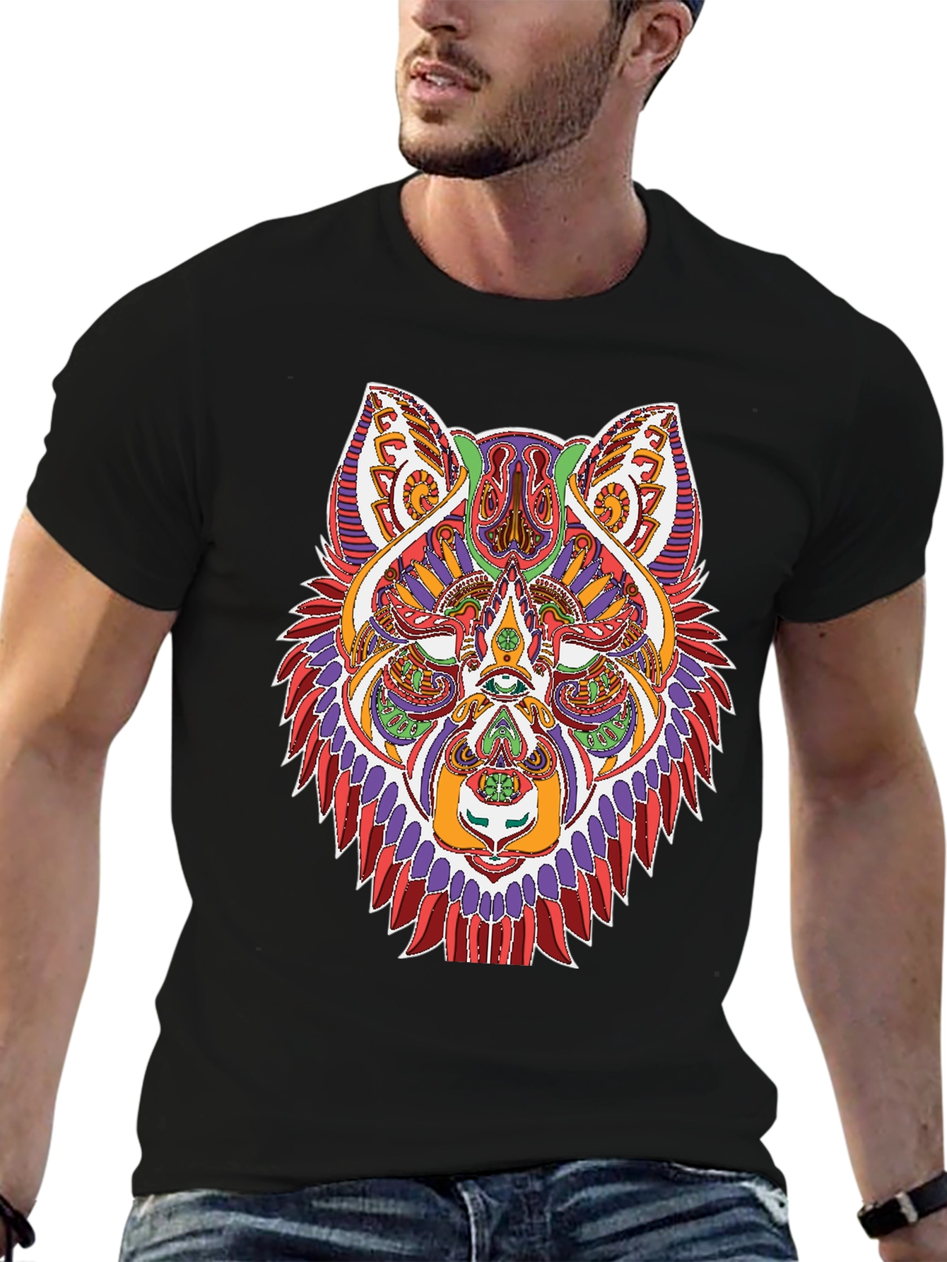 Black Psychedelic Wolf Graphic Tee - Black Unisex Shirt view 6